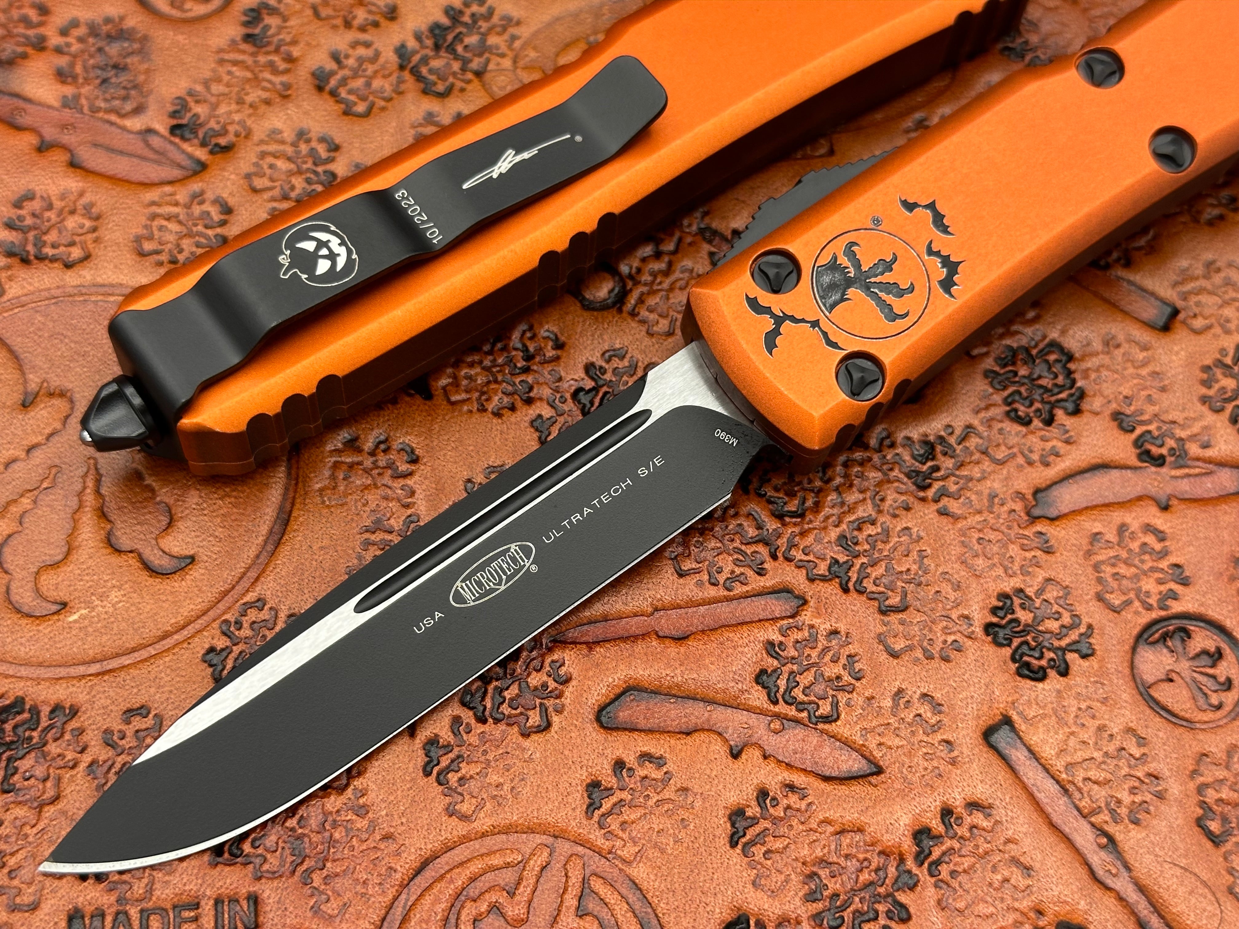 Microtech Knives Ultratech Single Edge Signature Series Halloween Orange Standard 121-1HWS - Tristar Edge