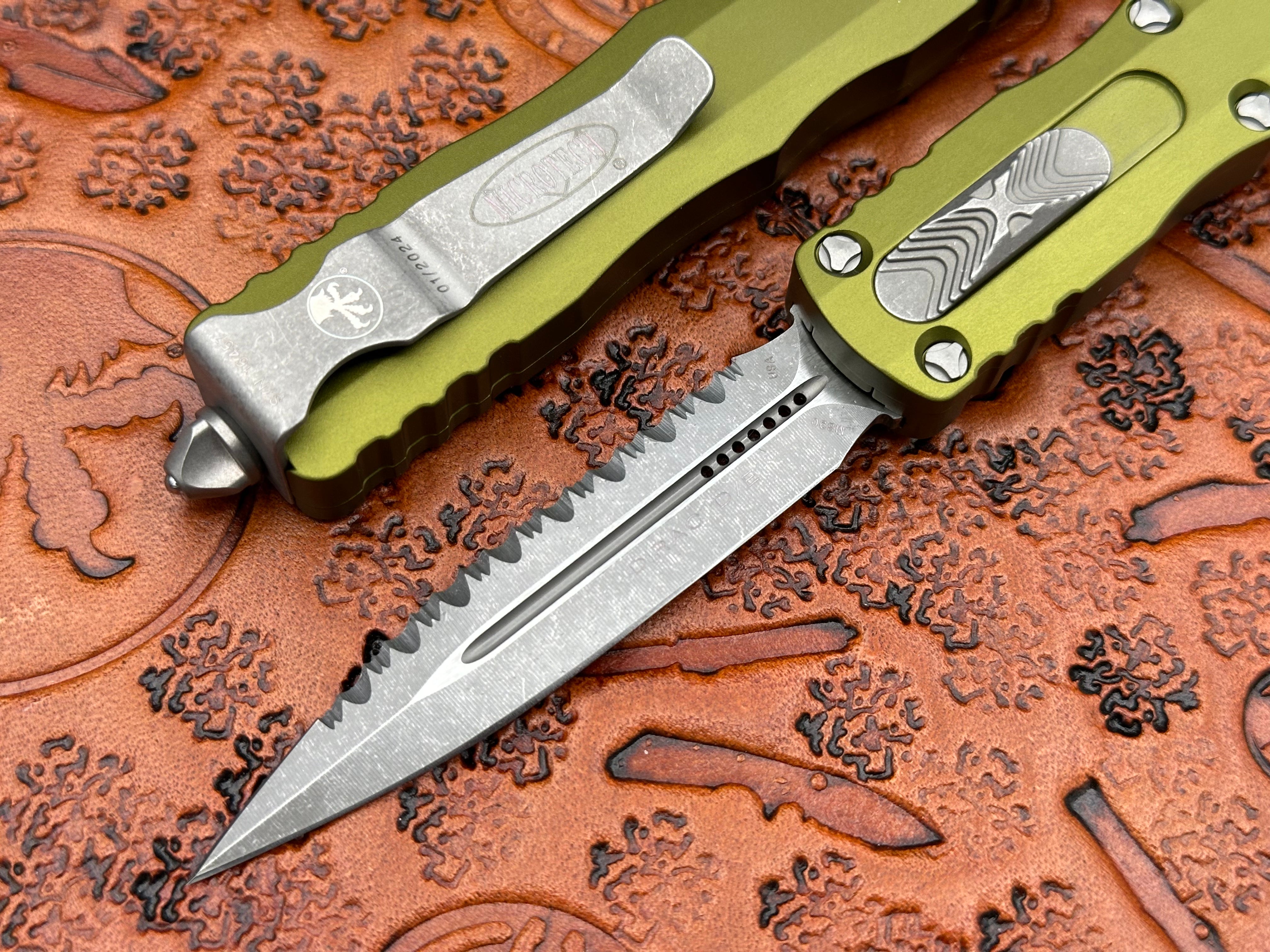 Microtech Dirac OD Green Double Edge  Full Serrated Apocalyptic Standard 225-12 APOD - Tristar Edge