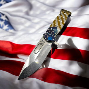 Medford Knife USMC Fighter Flipper S45VN Tumbled Blade, Tumbled Billowing Flag Handle, Blue Spring & HW, Bronze Clip & Pommel - Tristar Edge