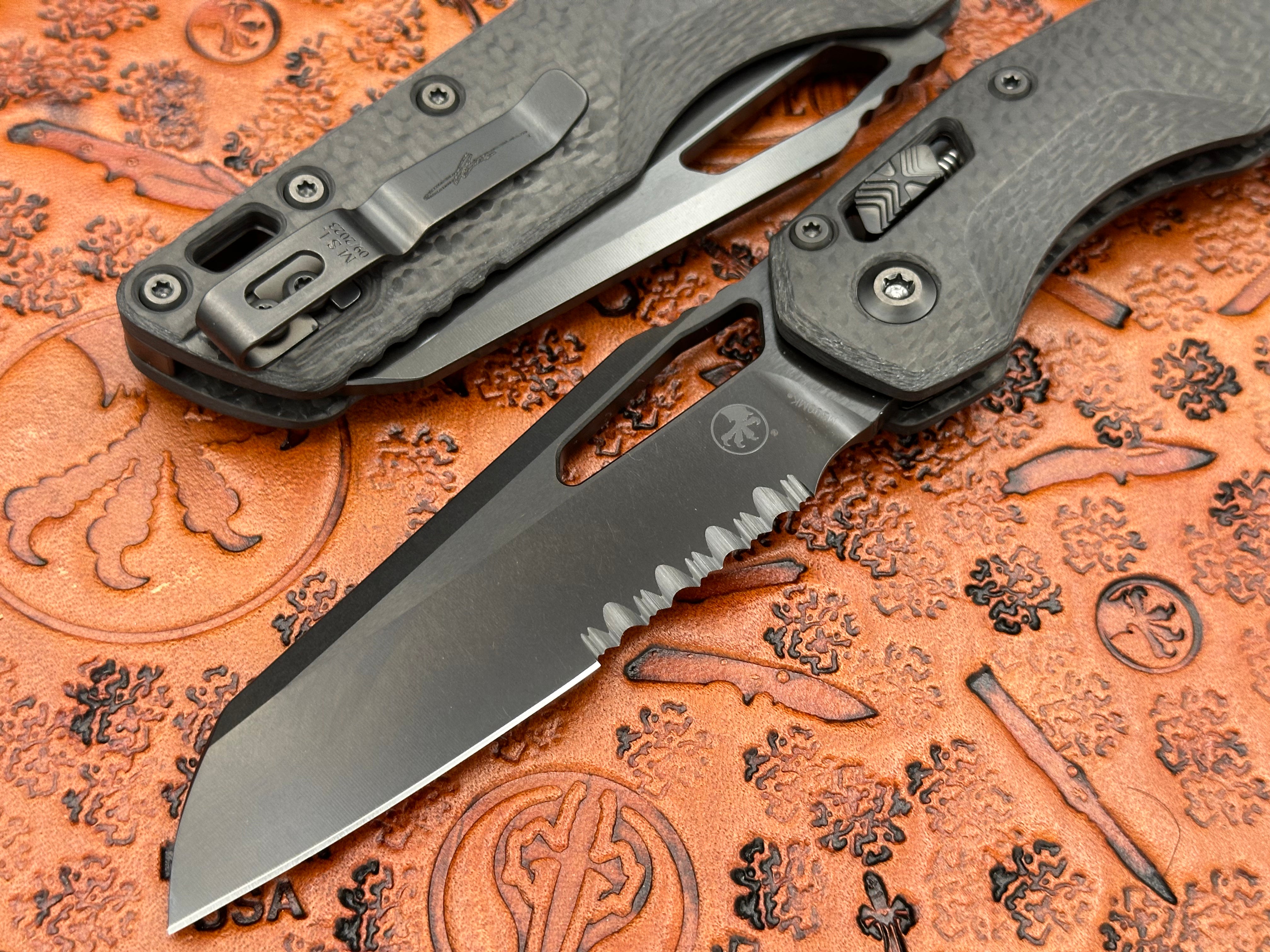 Microtech Knives MSI Single Edge Carbon Fiber Handle DLC Partial Serrated DLC Hardware 210-2 DLCTCFS - Tristar Edge