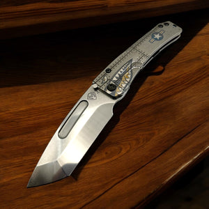 Medford Knife Slim Midi S45VN Tumbled Tanto Blade, Tumbled "Warthog/Star-N-Bars/Rivets" Handles, Black HW, DLC Clip - Tristar Edge