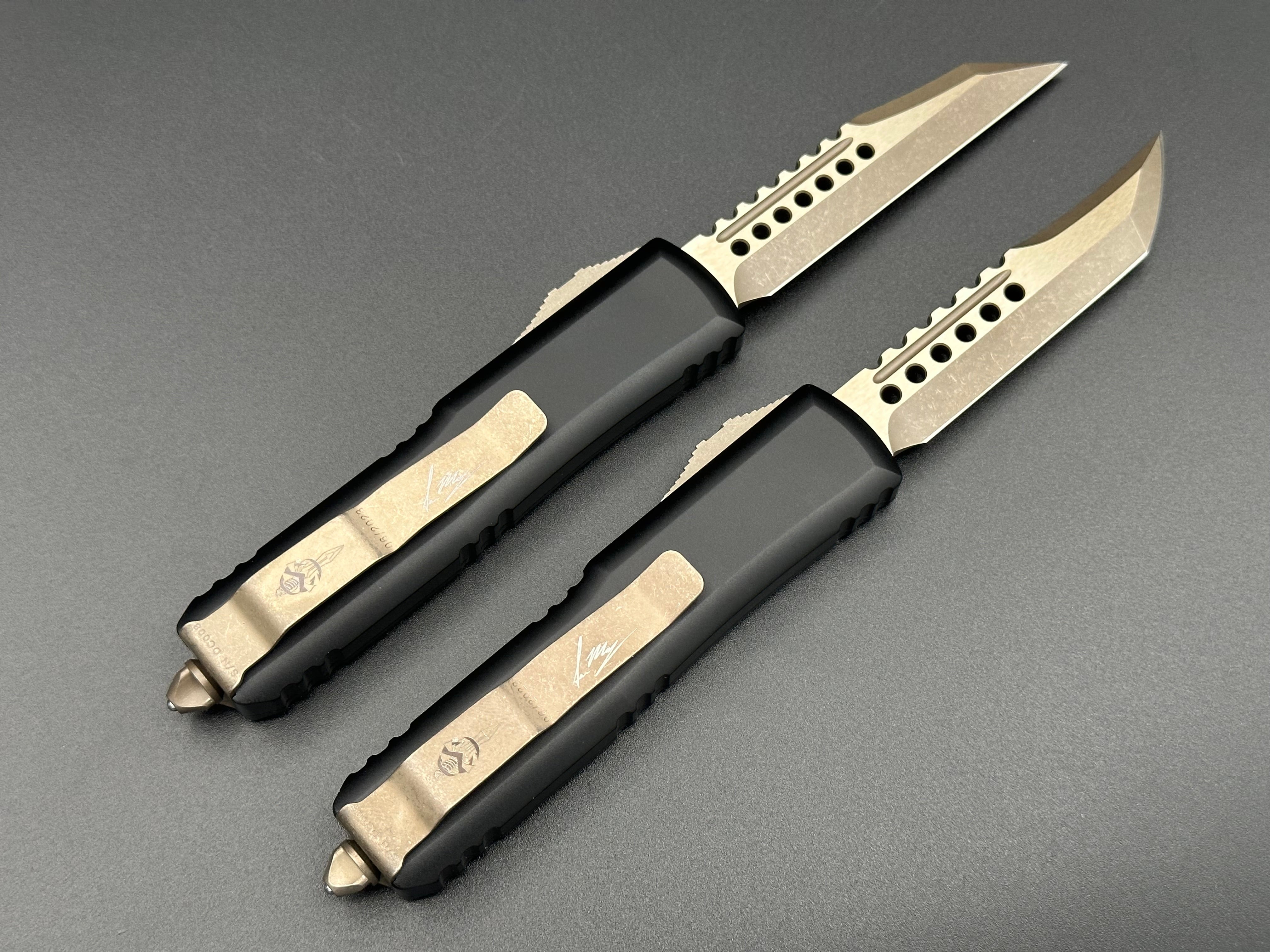 Microtech Knives UTX-85 Death Card Hellhound & Warhound Bronzed Apocalyptic Set 719-13SETDCS - Tristar Edge