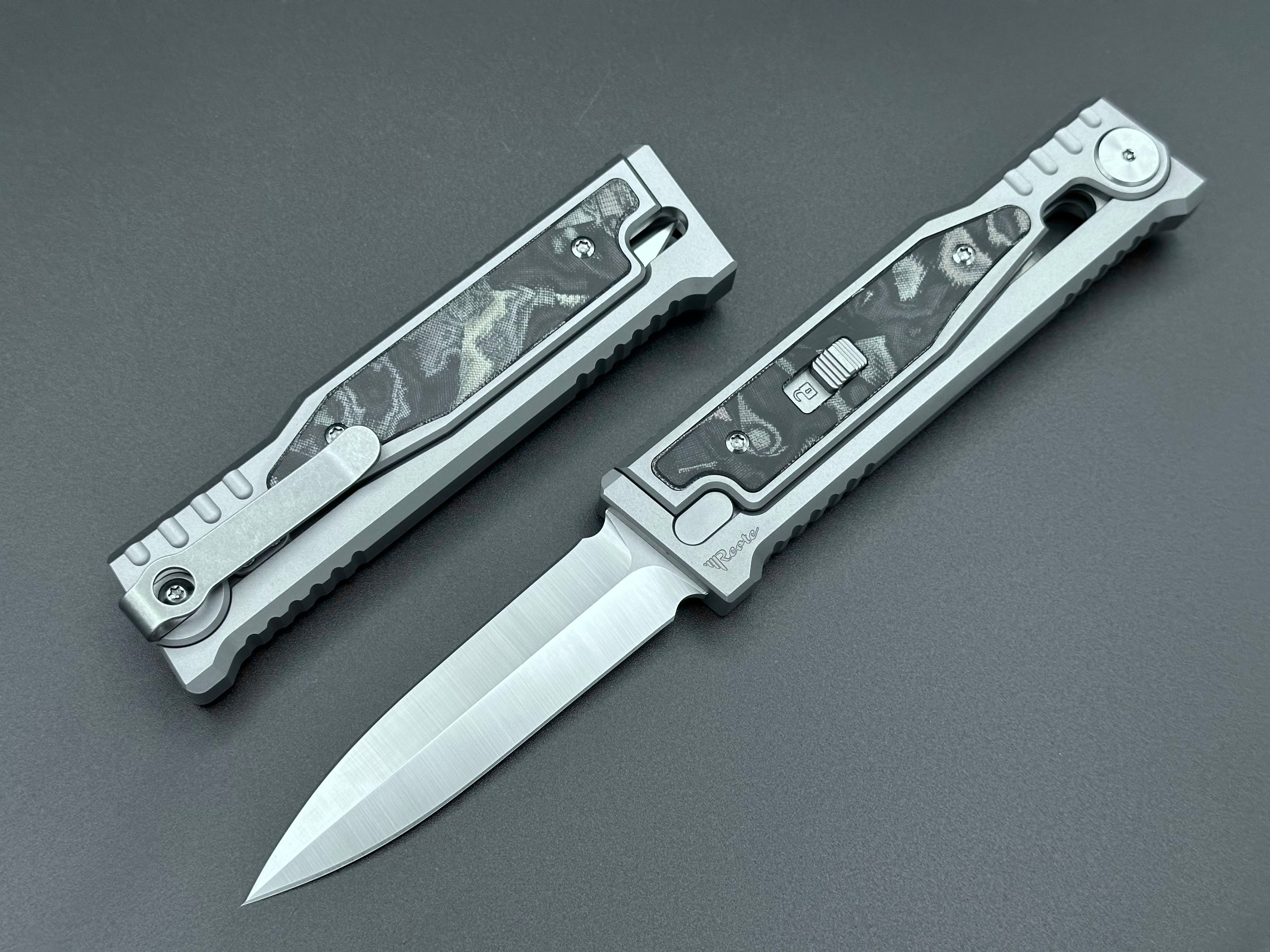 Reate EXO-M Gravity Knife Burl Linen Camo Double Edge - Tristar Edge