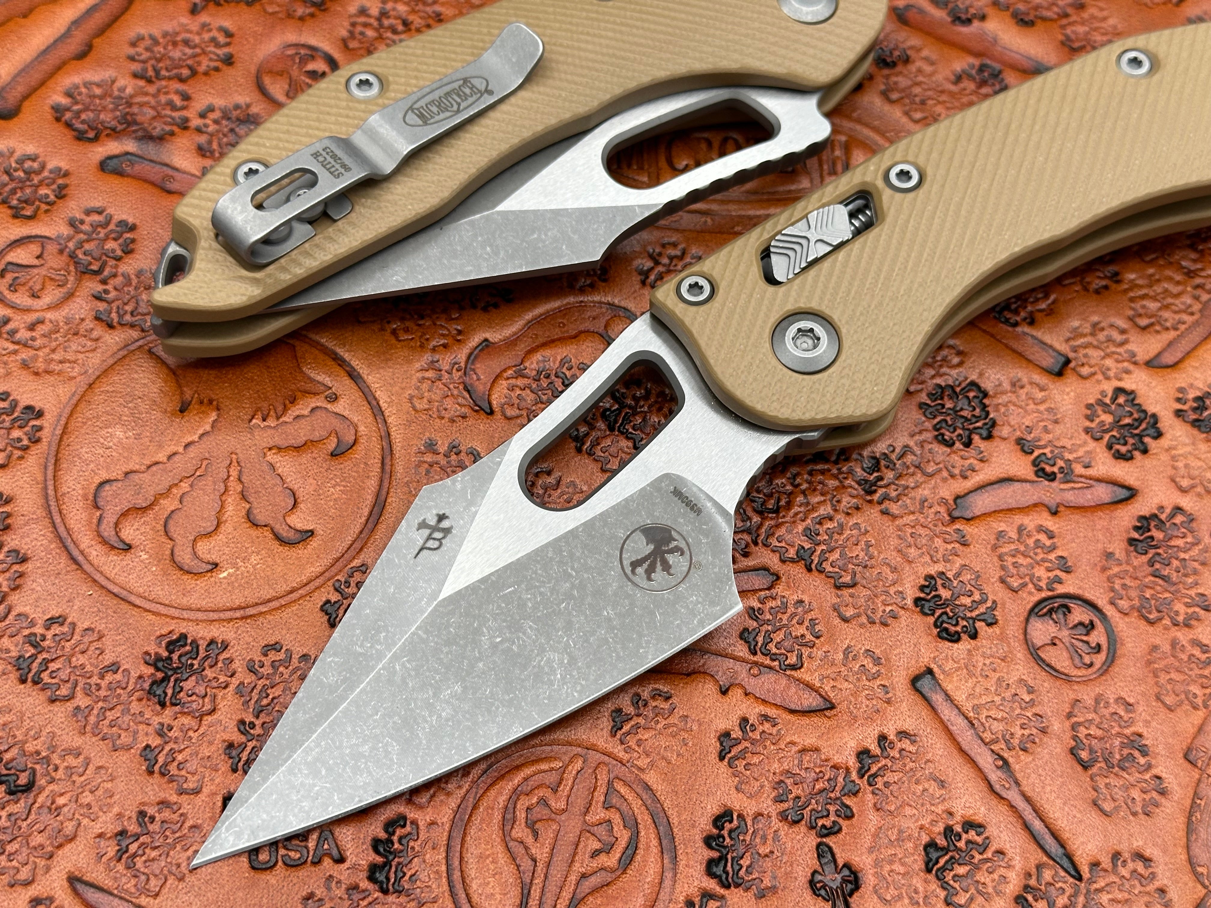 Microtech Knives Stitch RAM-Lok Single Edge Fluted G-10 Tan Apocalyptic Standard 169RL-10 APFLGTTA - Tristar Edge