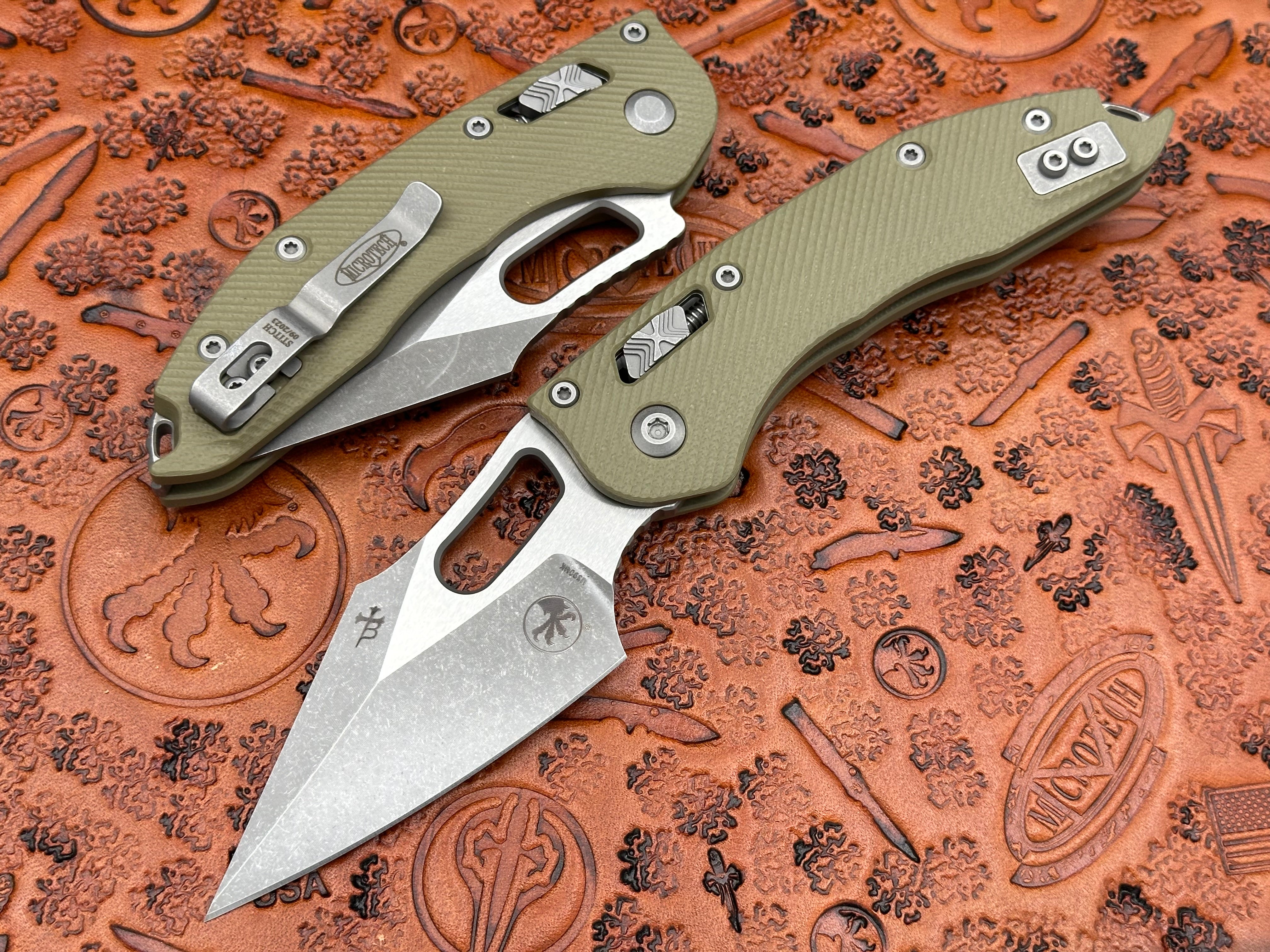 Microtech Knives Stitch RAM-Lok Single Edge Fluted G-10 OD Green Apocalyptic Standard 169RL-10 APFLGTOD - Tristar Edge