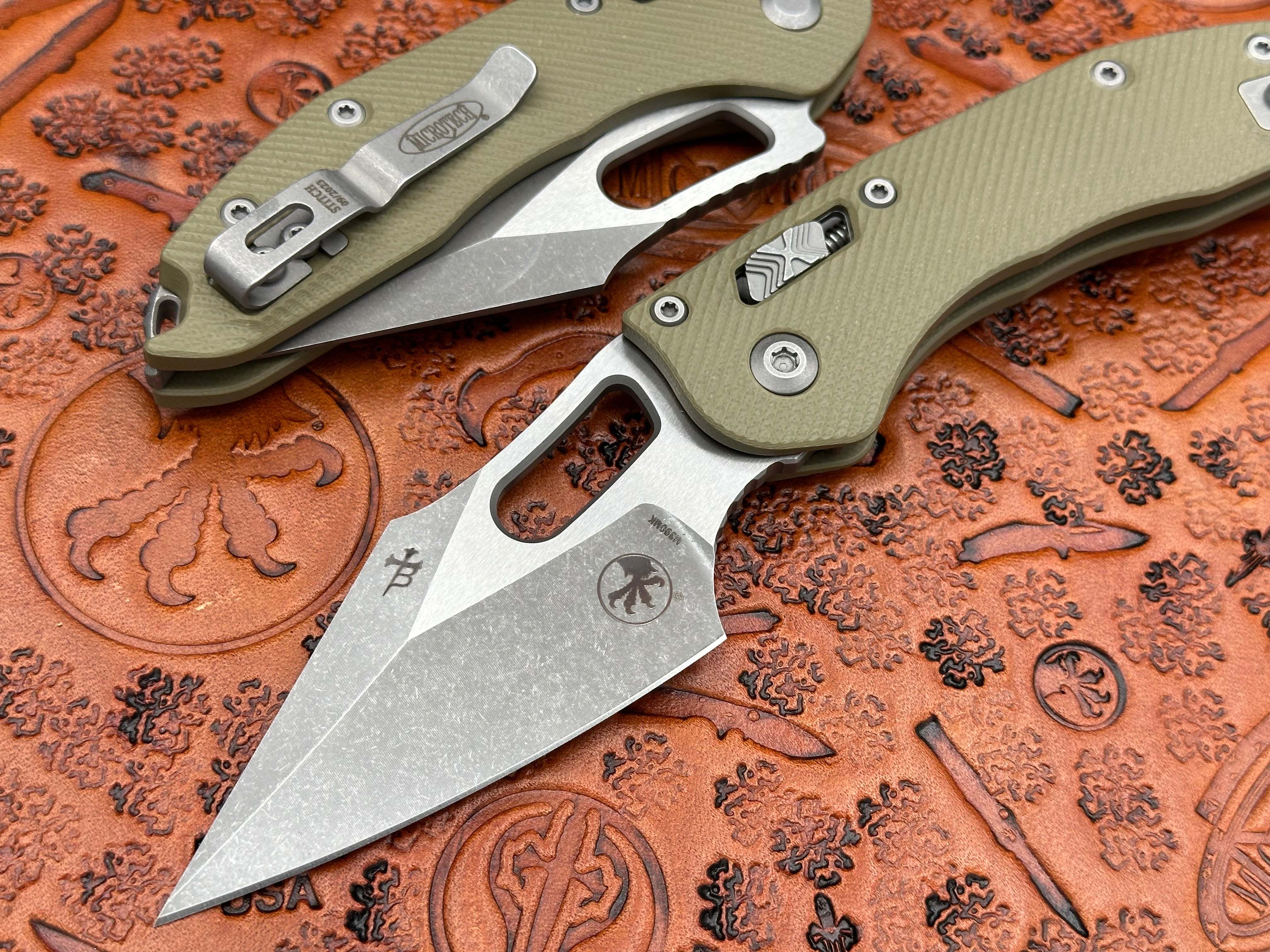 Microtech Knives Stitch RAM-Lok Single Edge Fluted G-10 OD Green Apocalyptic Standard 169RL-10 APFLGTOD - Tristar Edge