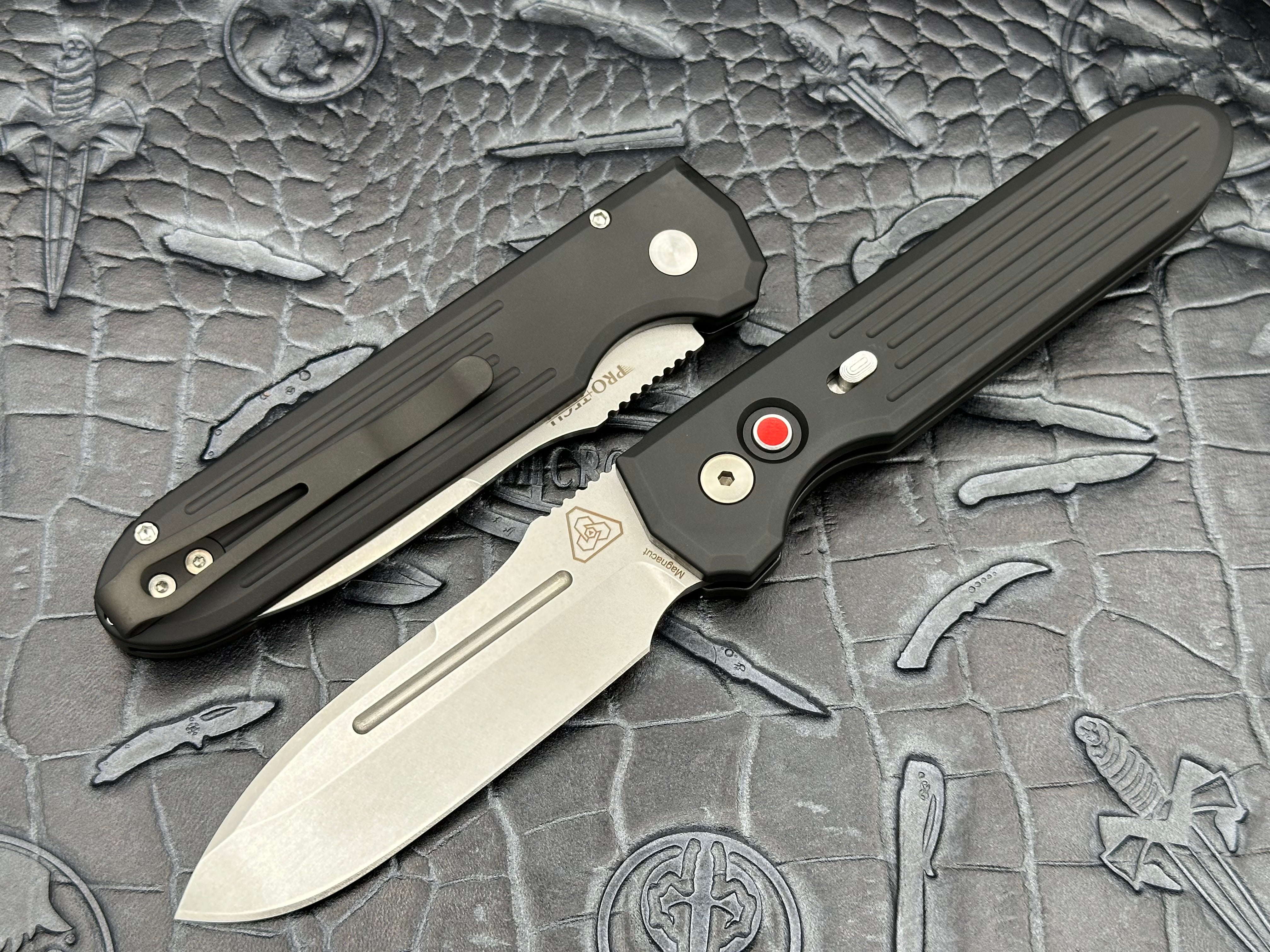 Pro-Tech PDW Invictus Auto Red G-10 Push Button, Stonewash Magnacut 1804 - Tristar Edge