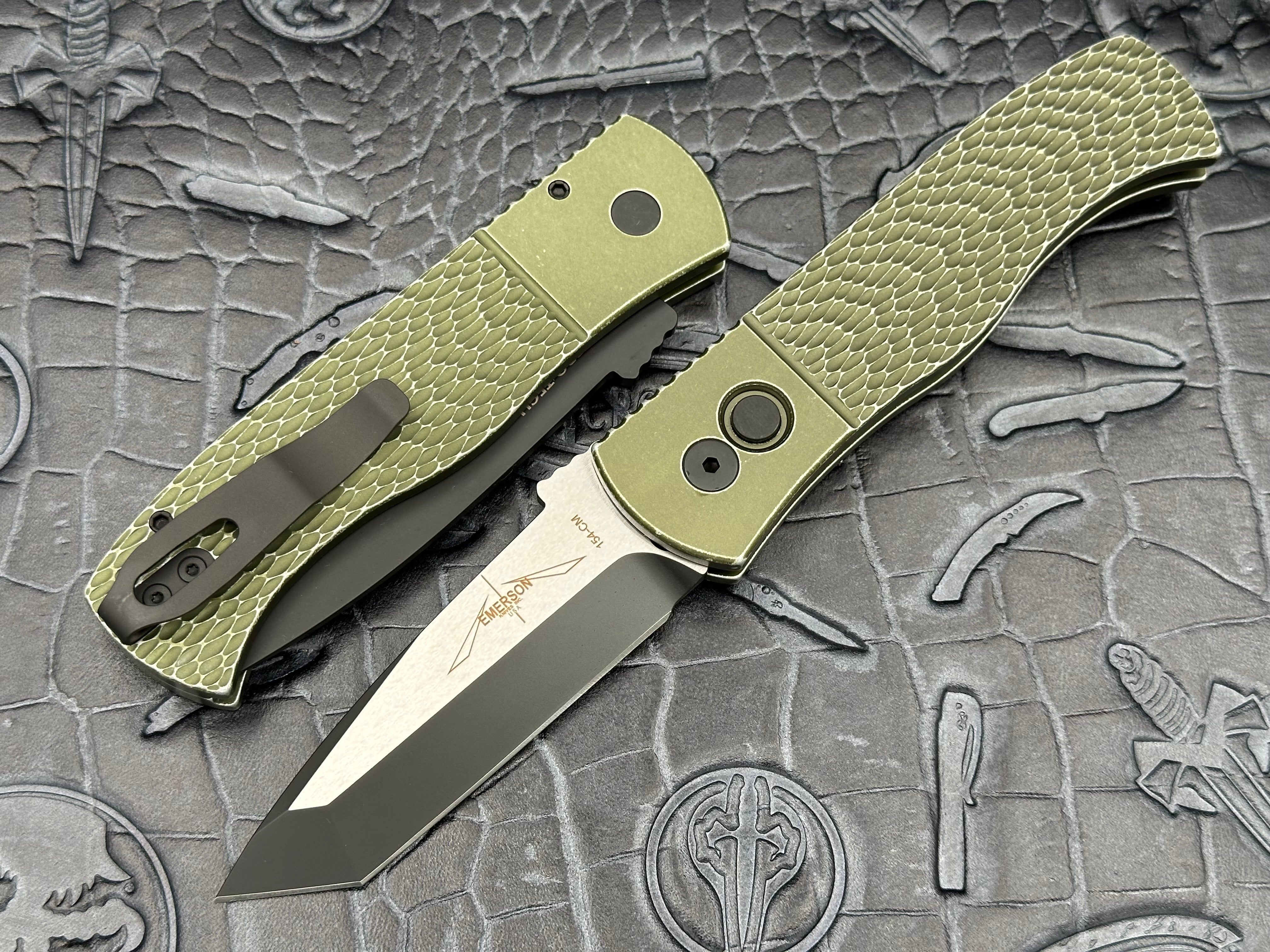 Pro-Tech Emerson CQC7 Auto Green "Battle Worn", 2-Tone DLC Black/Satin Tanto Blade - Tristar Edge