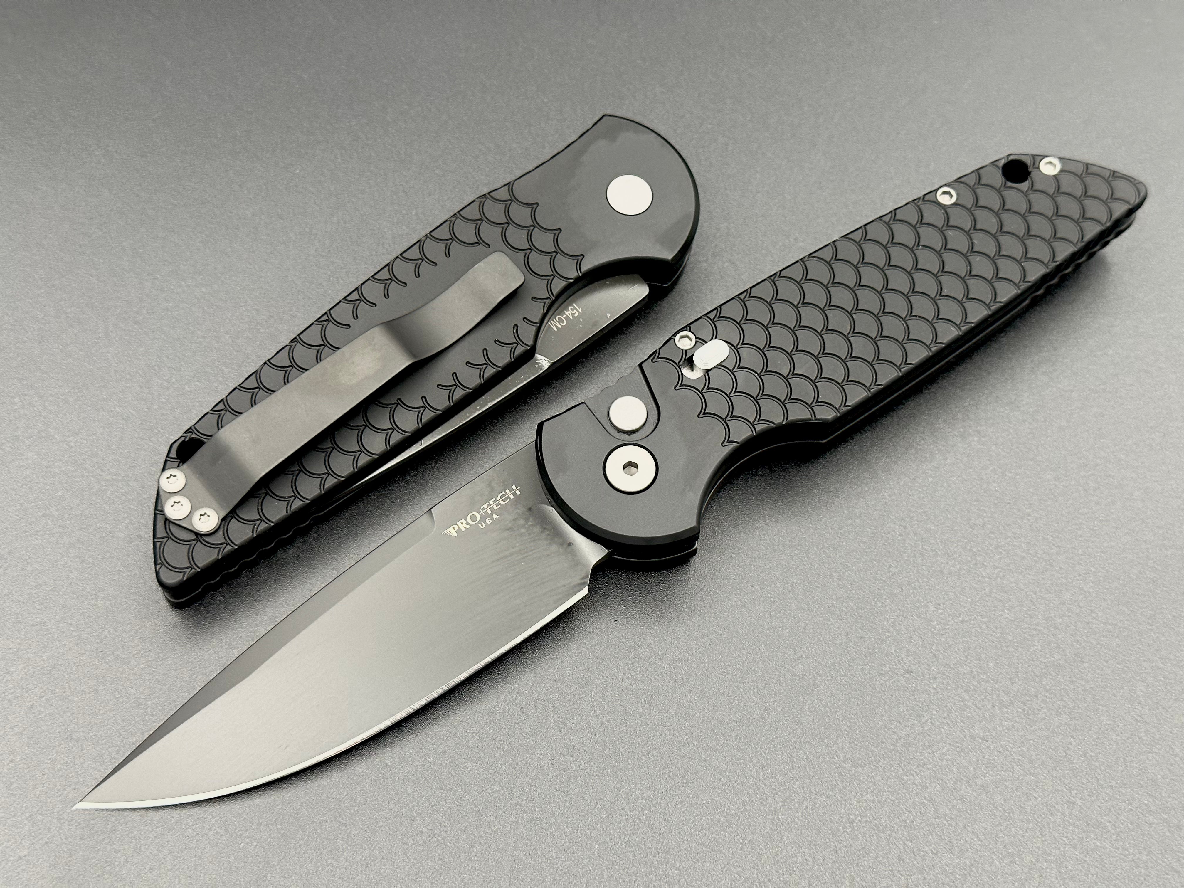 Pro-Tech TR-3 X1 M Black Handle with Fish Scale engraved frame and