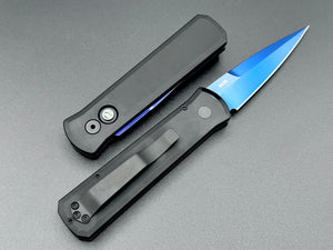 Pro-Tech 721-SB Godson Sapphire blue blade solid black handles abalone button. - Tristar Edge