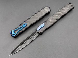 Heretic Knives Cleric II Carbon Fiber top/CF Inlay, DLC Double Edge, black hardware, and Blue Ti Clip and Button - Tristar Edge