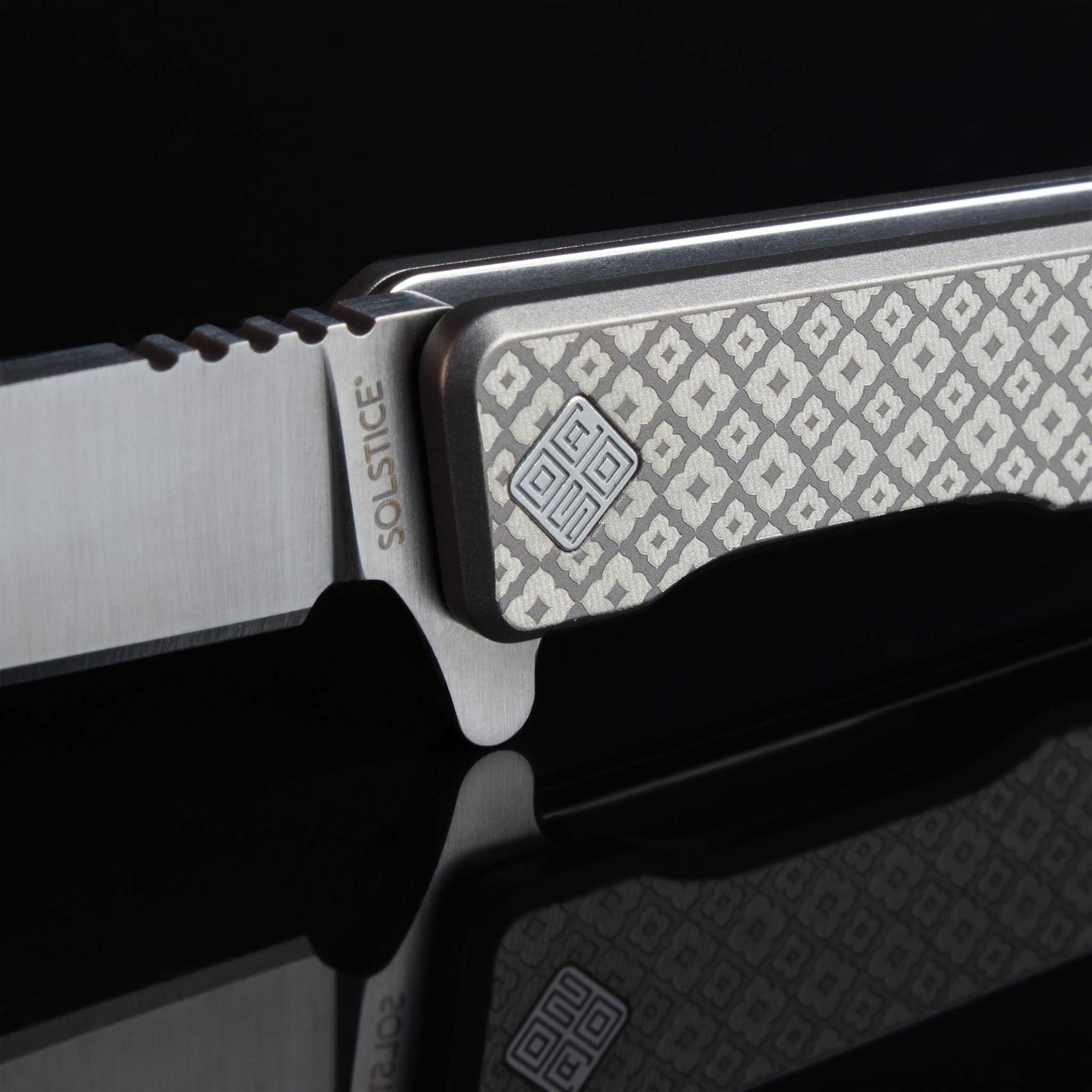 Solstice Satin Titanium Drop Point Engraved Clover Desgin - Tristar Edge