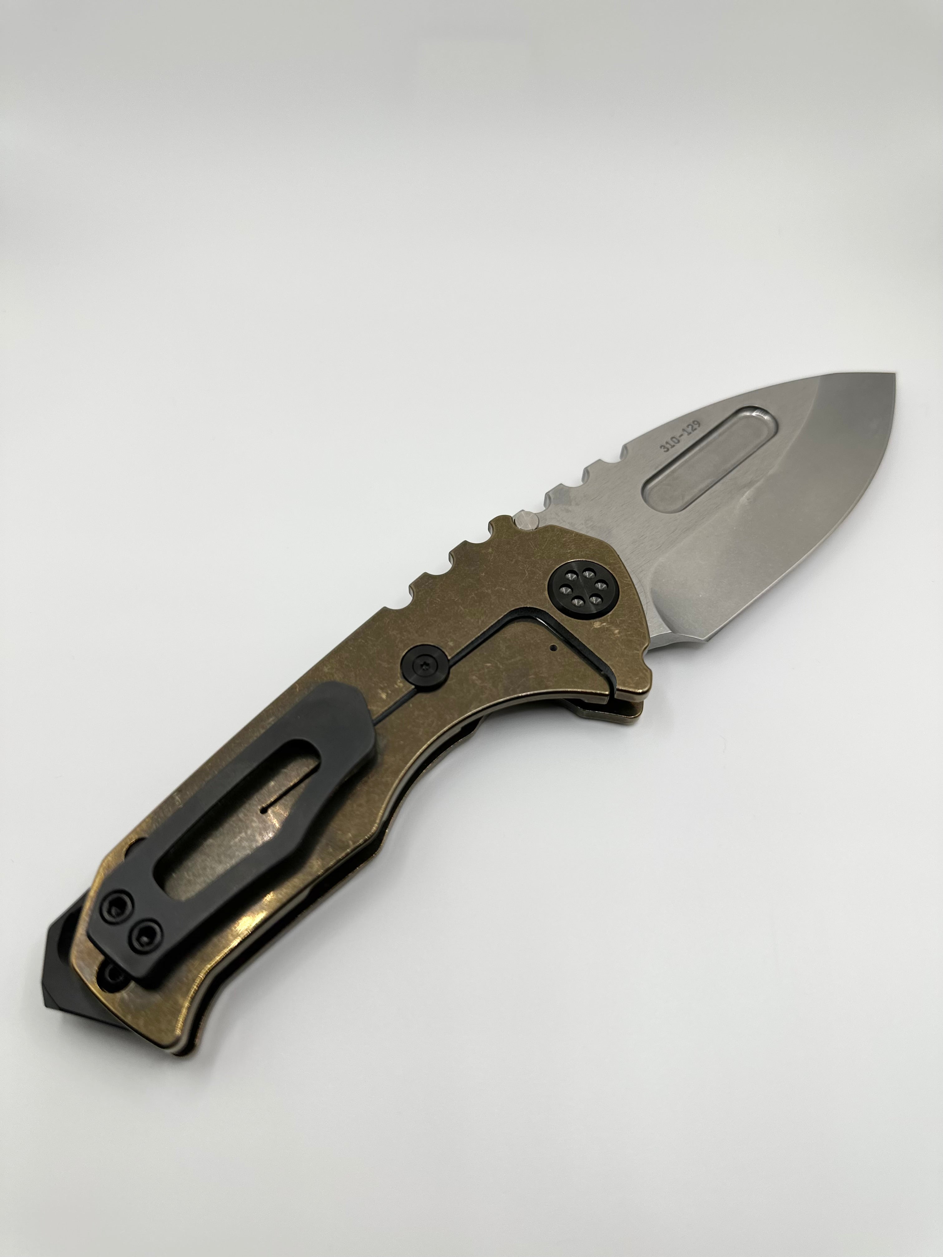 Medford Knife Praetorian Genesis T S45VN Tumbled DP, Bronze Steampunk Handle, Bronze Spring, Black HW, DLC Clip - Tristar Edge