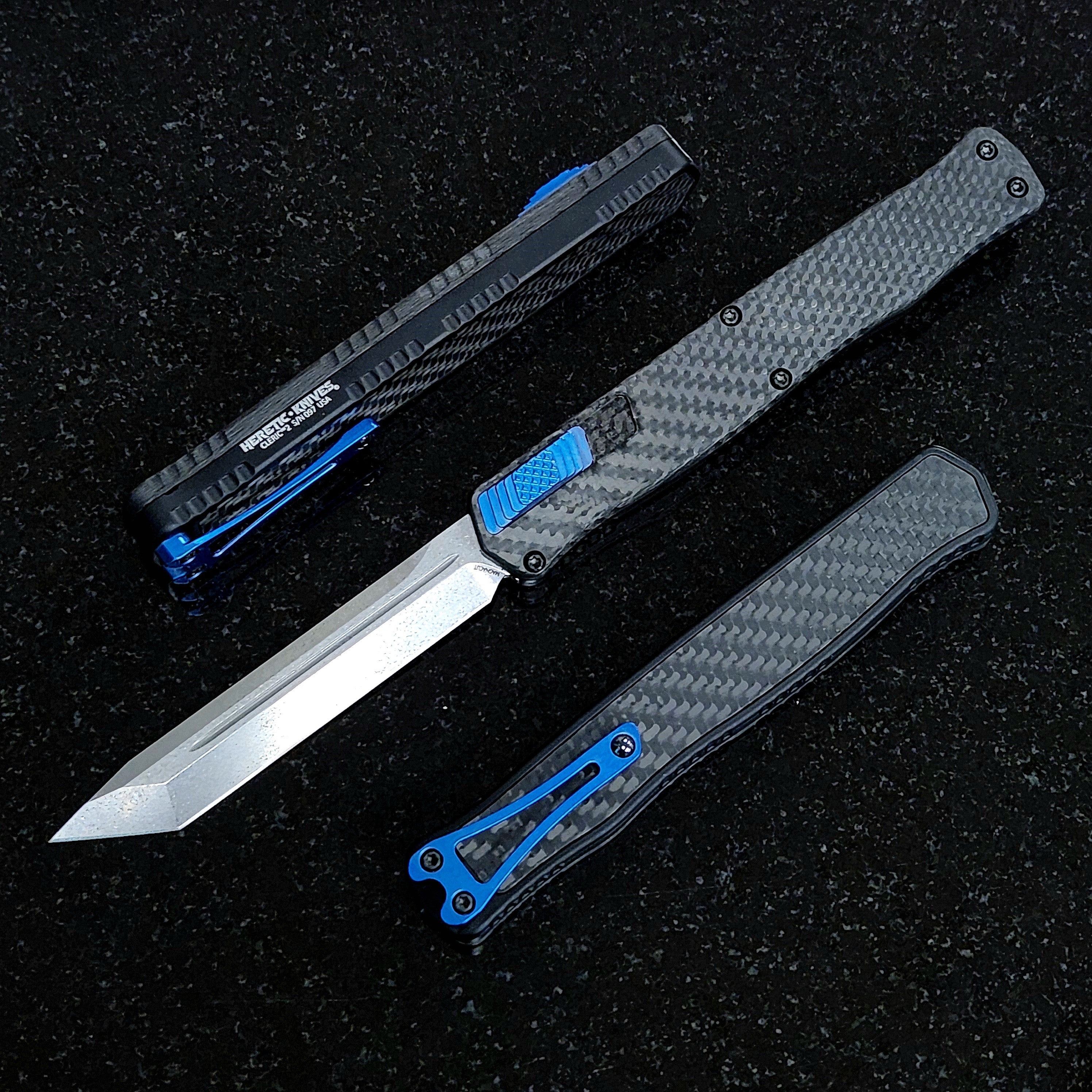 Heretic Knives Cleric II Carbon Fiber top/CF Inlay, Stonewash Tanto, black hardware, and Blue Ti Clip and Button - Tristar Edge