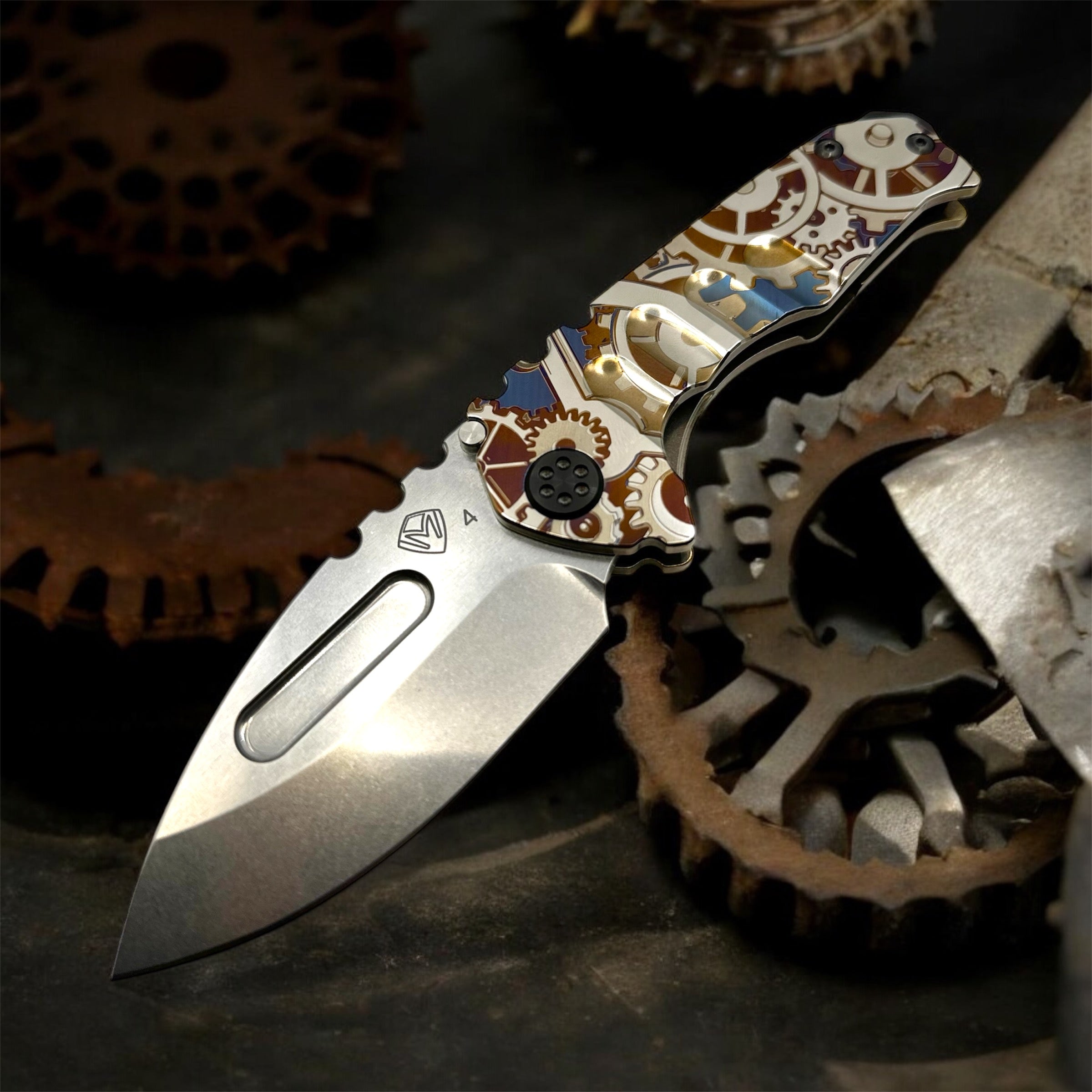 Medford Knife Praetorian Genesis T S45VN Tumbled DP, Bronze Steampunk Handle, Bronze Spring, Black HW, DLC Clip - Tristar Edge