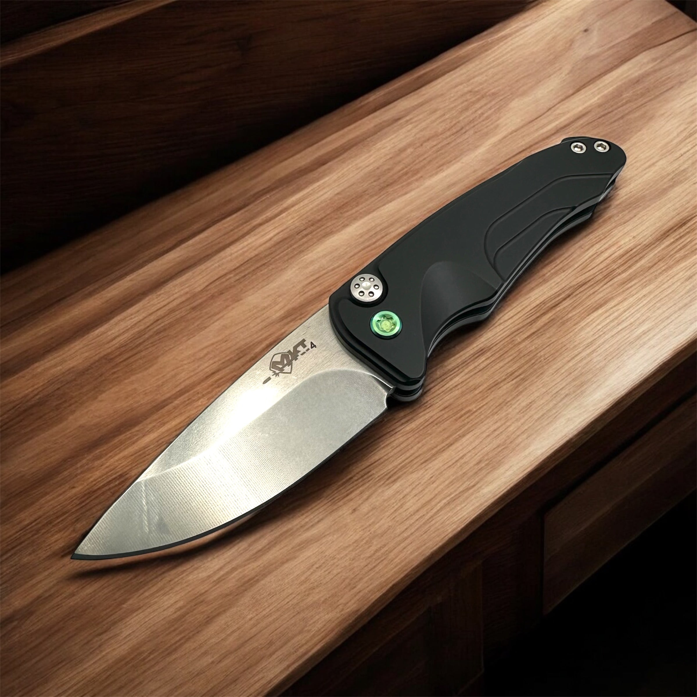 Medford Knife Smooth Criminal Auto S45VN Tumbled Blade, Black Handles, Green HW/Clip - Tristar Edge