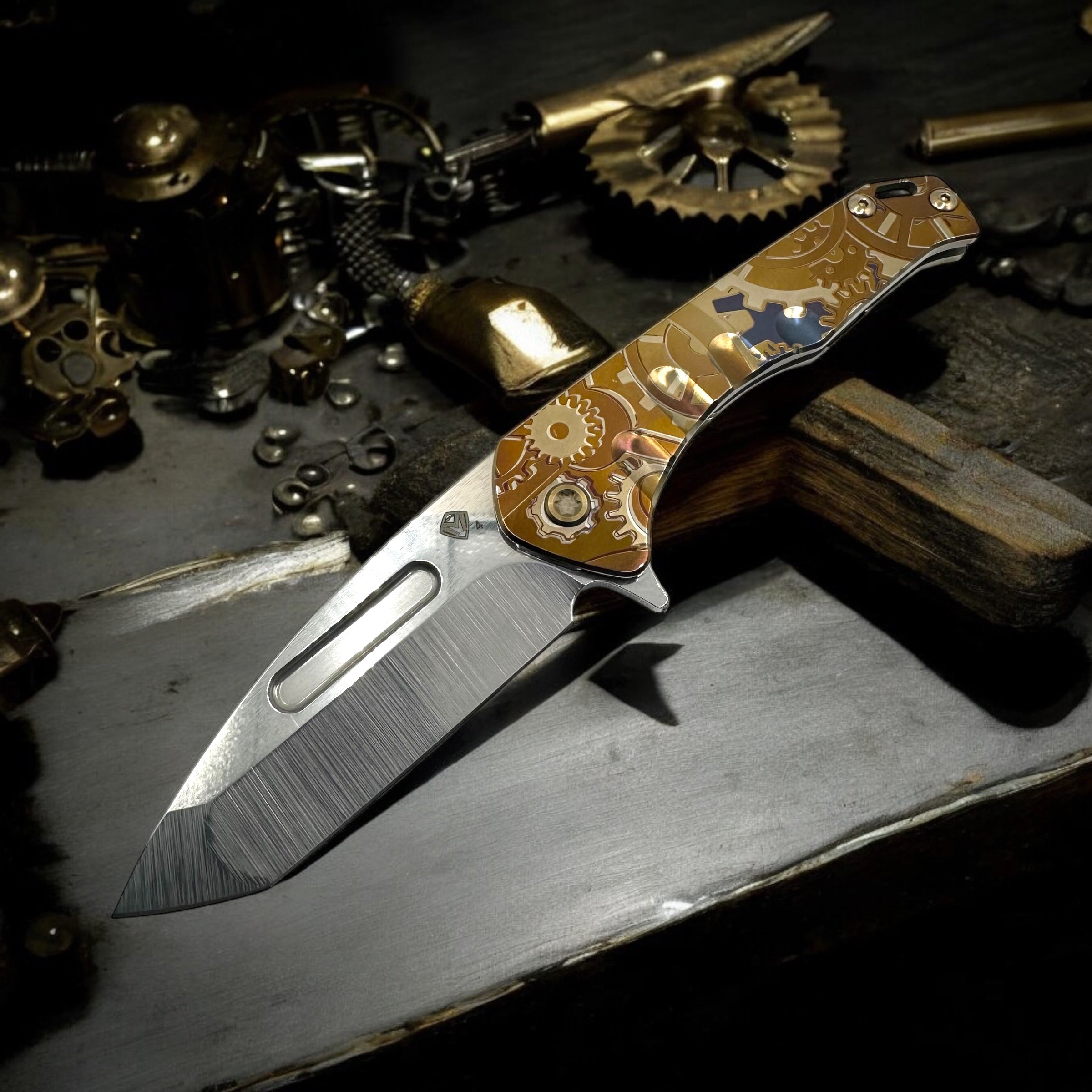 Medford Knife Praetorian Slim Flipper S45VN Tambled Tanto Blade, Bronze Steampunk Handle, Bronze Spring, Bronze HW & Clip - Tristar Edge