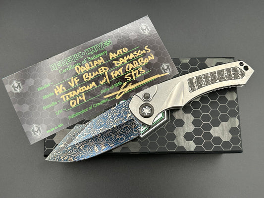 Heretic Knives Pariah Auto Titanium and Baker Forge Silver Snakeskin Inlay w/ Blued VF Damascus SE - Tristar Edge