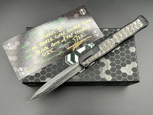 Heretic Knives Cleric II Hand Ground Baker Forge Double Edge Black ANO w/Fat Carbon Silver Snakeskin DLC Hardware - Tristar Edge