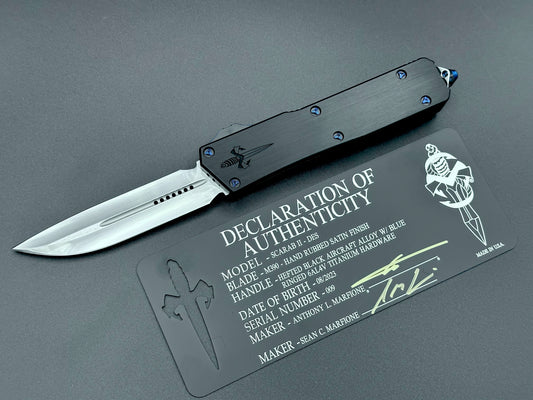 Marfione Custom Scarab II DES Hand Rubbed Satin M390 Hefted Black Alloy w/ Blue Ringed Titanium Hardware S/N 009 - Tristar Edge