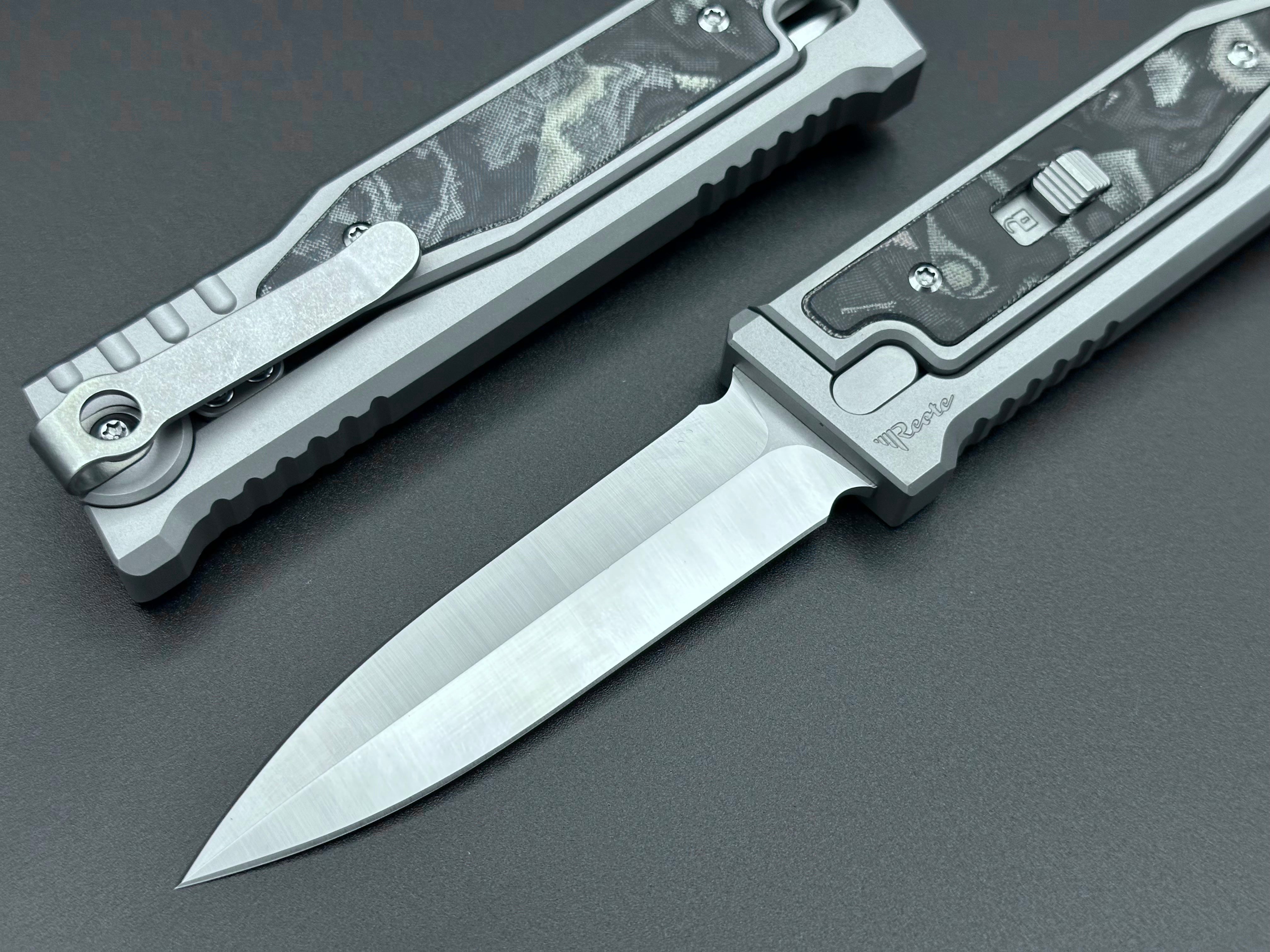 Reate EXO-M Gravity Knife Burl Linen Camo Double Edge - Tristar Edge