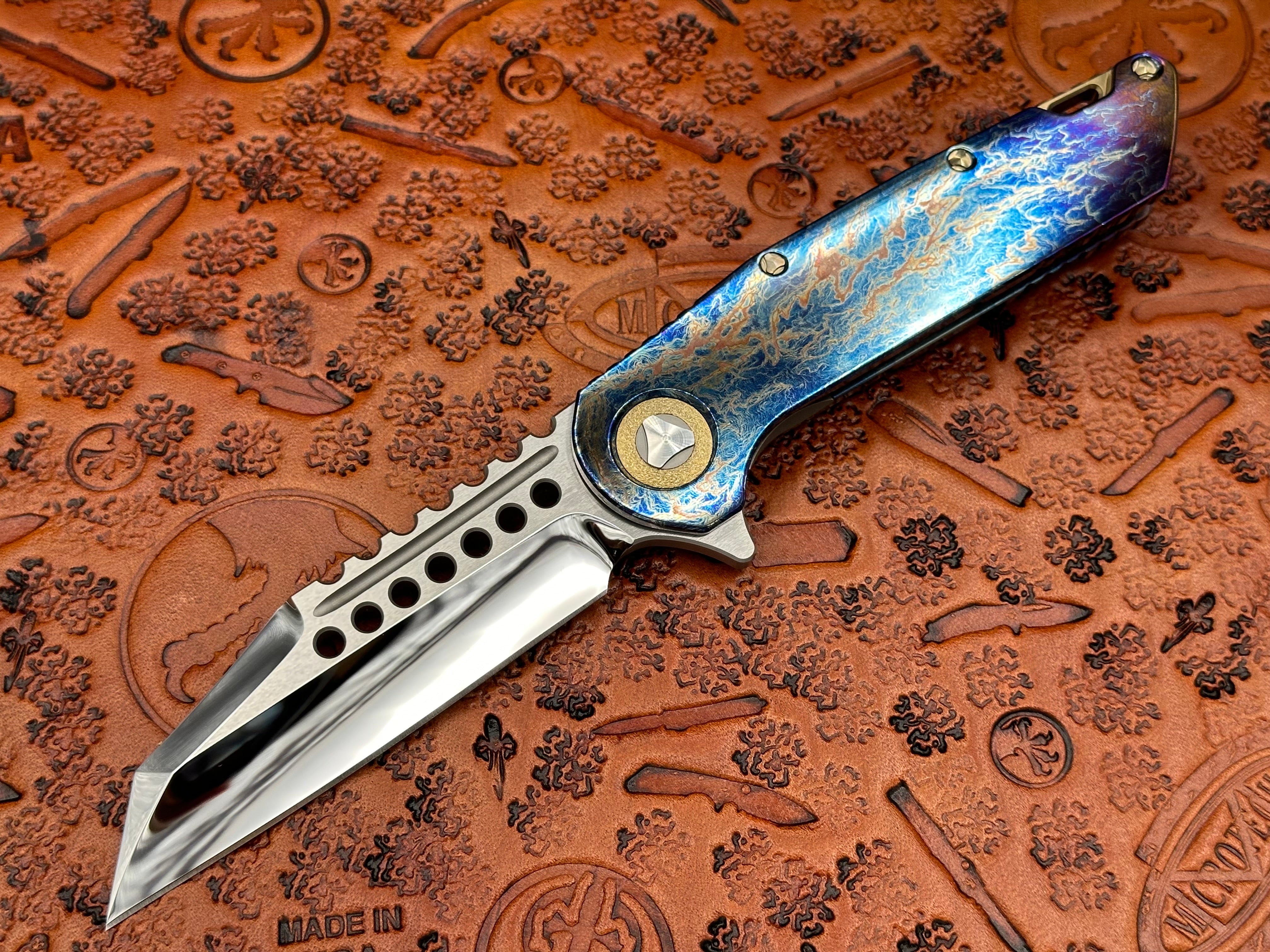 Marfione Custom Knives Warhound Mirror Polish & Galactic Acid Titanium Handles w/ Bronze Titanium Hardware - Tristar Edge