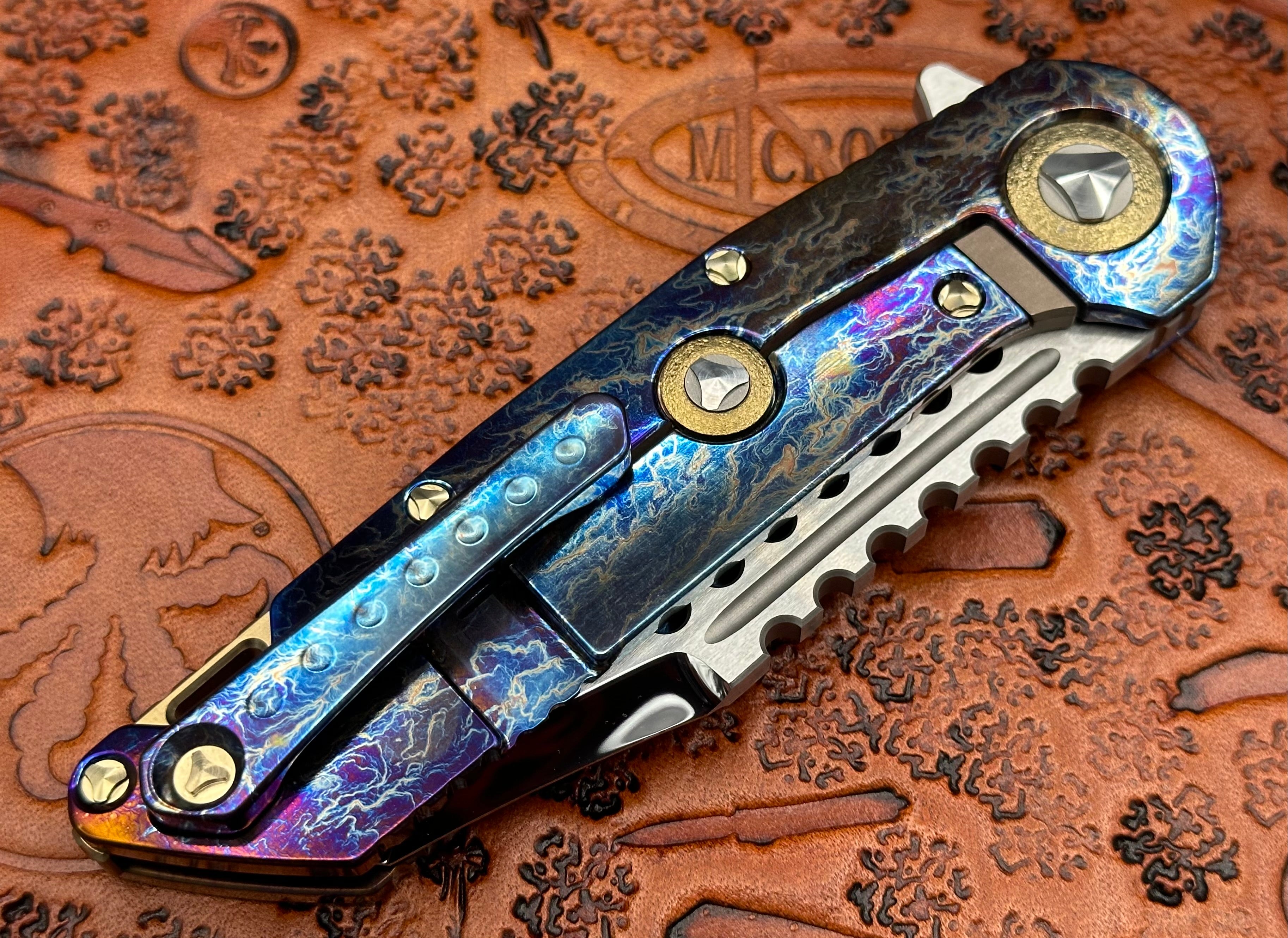 Marfione Custom Knives Warhound Mirror Polish & Galactic Acid Titanium Handles w/ Bronze Titanium Hardware - Tristar Edge