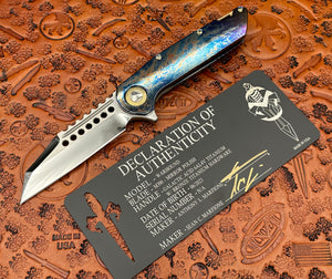 Marfione Custom Knives Warhound Mirror Polish & Galactic Acid Titanium Handles w/ Bronze Titanium Hardware - Tristar Edge