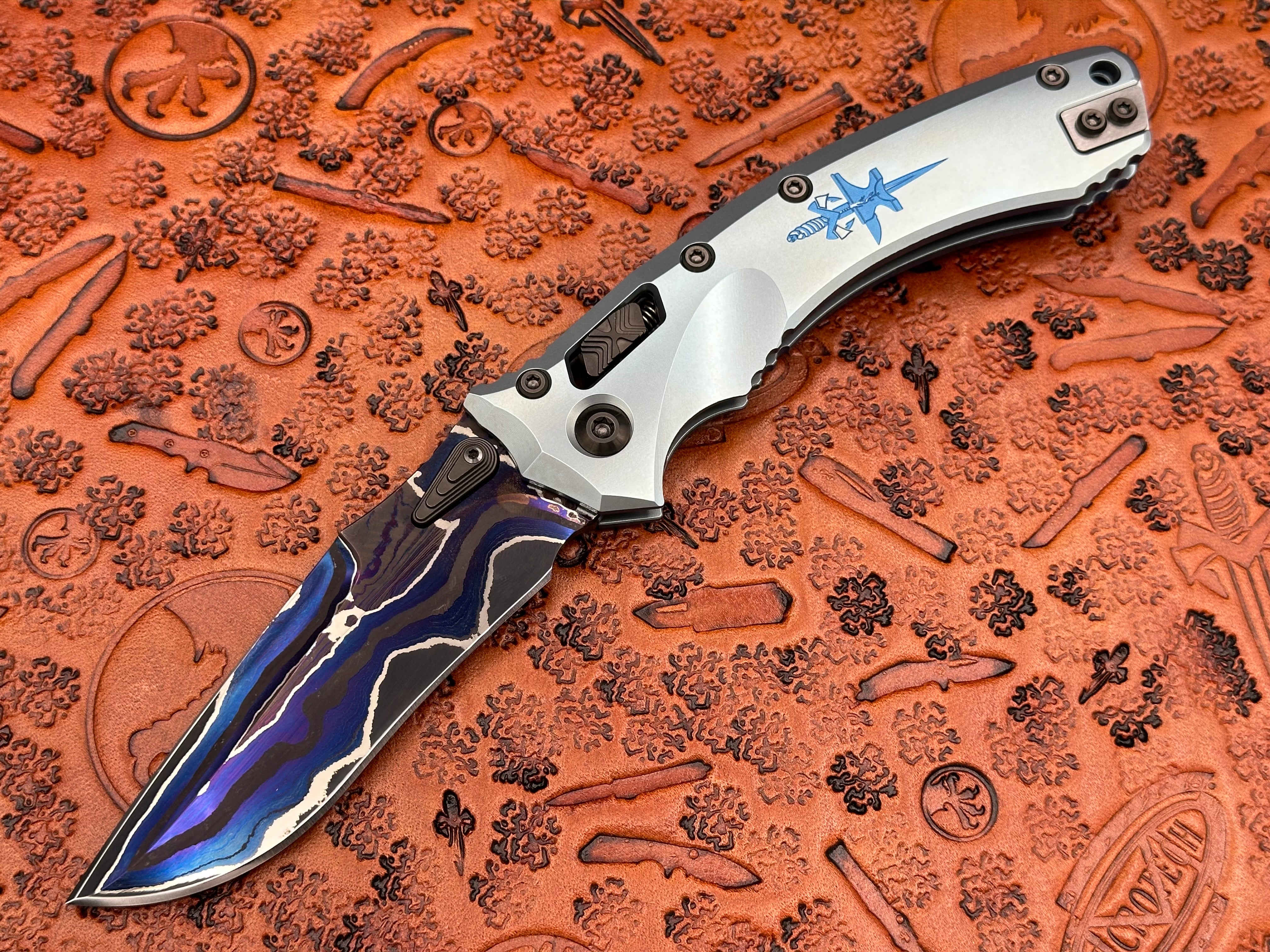 Marfione Custom RAM-LOK Amphibian Metroid Pattern w/ Ice Blue titanium w/ DLC Two-Tone Hardware - Tristar Edge