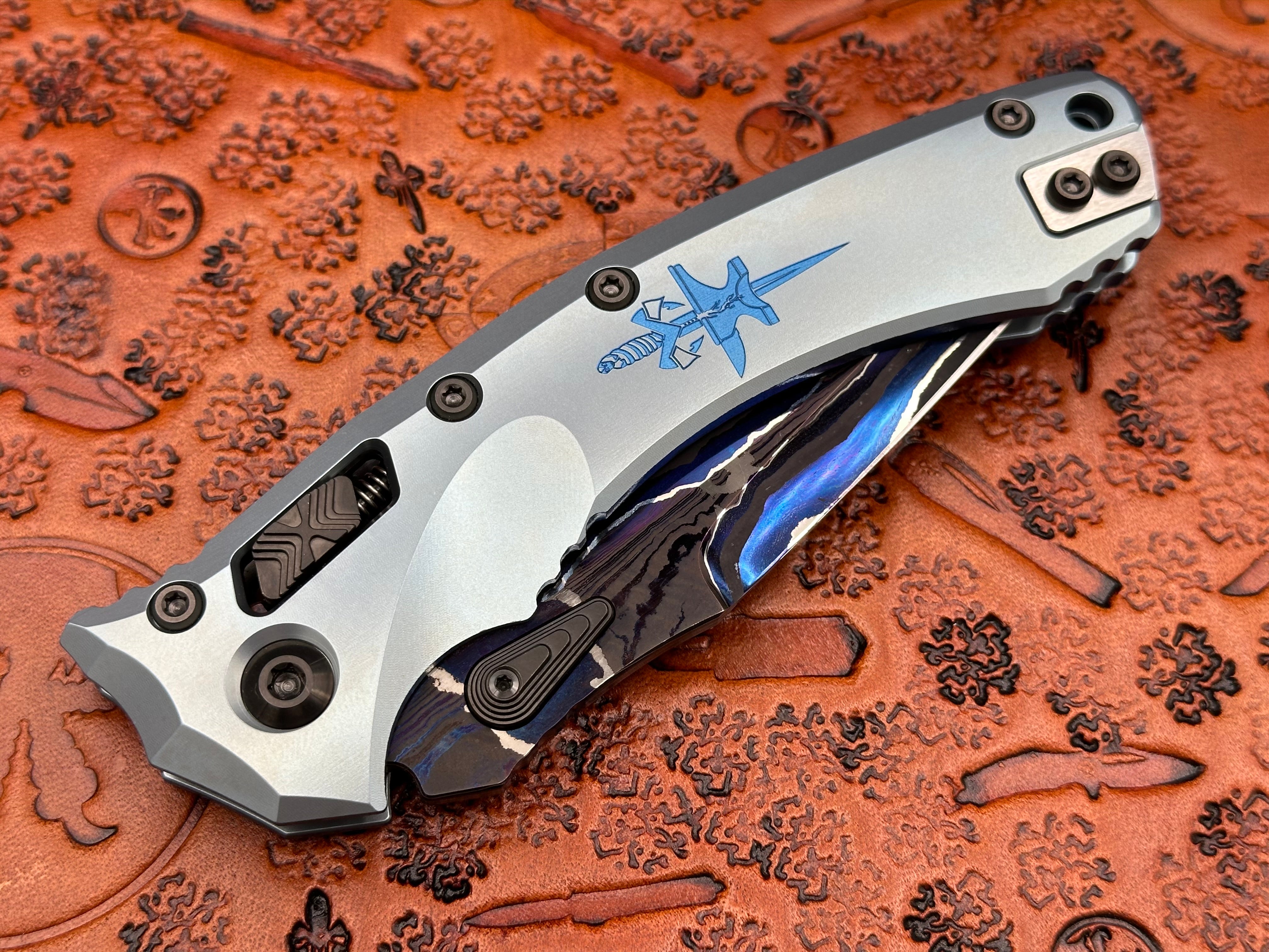 Marfione Custom RAM-LOK Amphibian Metroid Pattern w/ Ice Blue titanium w/ DLC Two-Tone Hardware - Tristar Edge