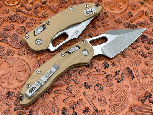 Microtech Knives Stitch RAM-Lok Single Edge Fluted G-10 Tan Apocalyptic Standard 169RL-10 APFLGTTA - Tristar Edge