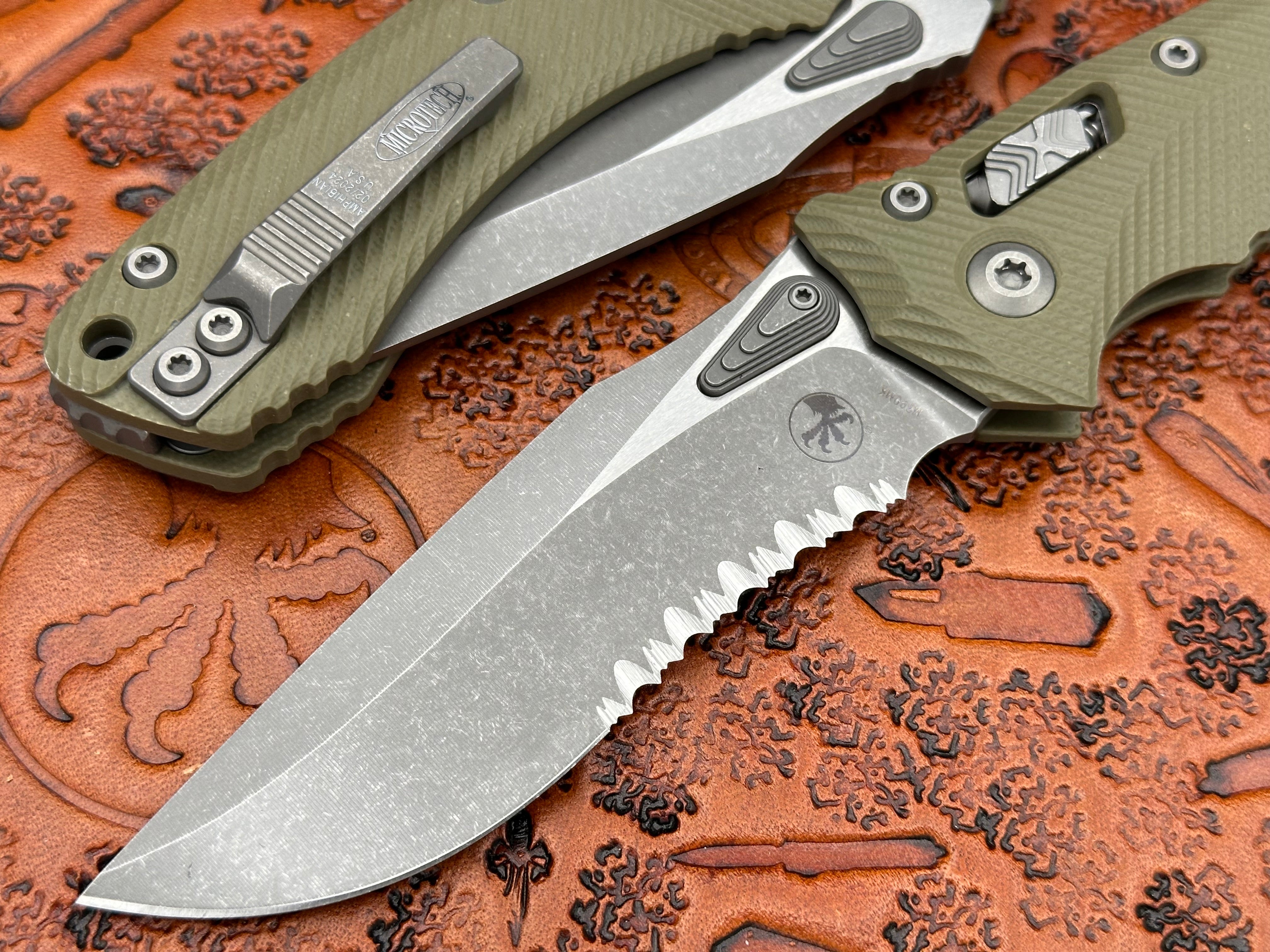 Microtech Knives Amphibian RAM-LOK Fluted G-10 OD Green Apocalyptic Partial Serrated 137RL-11APFLGTOD - Tristar Edge