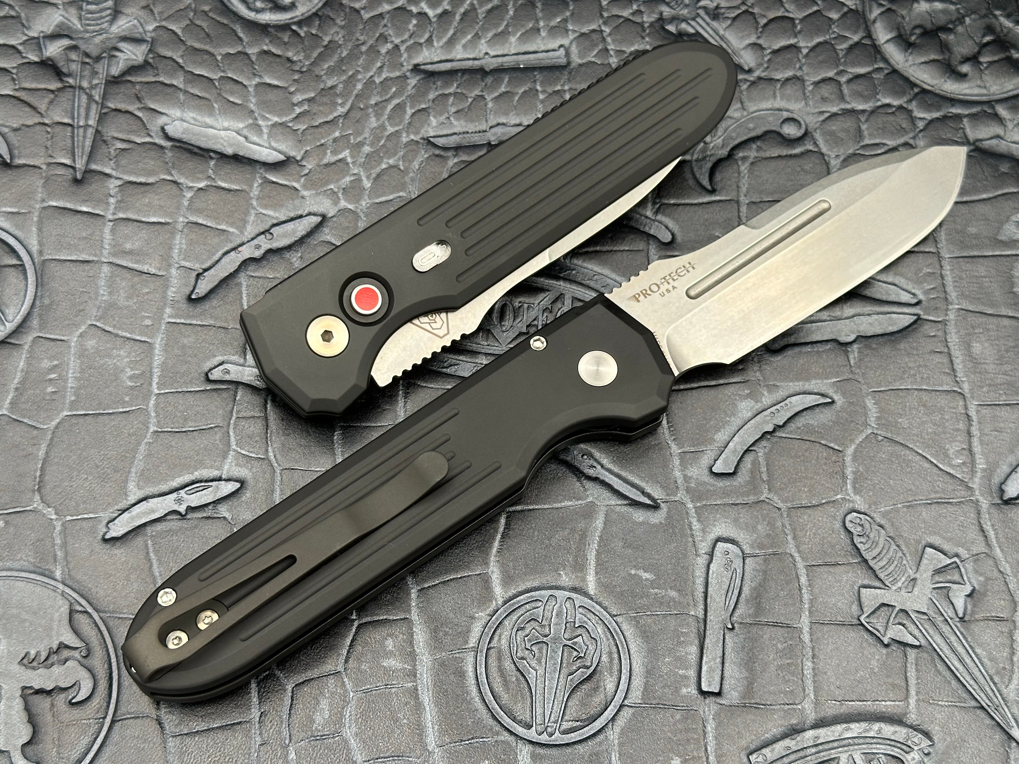 Pro-Tech PDW Invictus Auto Red G-10 Push Button, Stonewash Magnacut 1804 - Tristar Edge