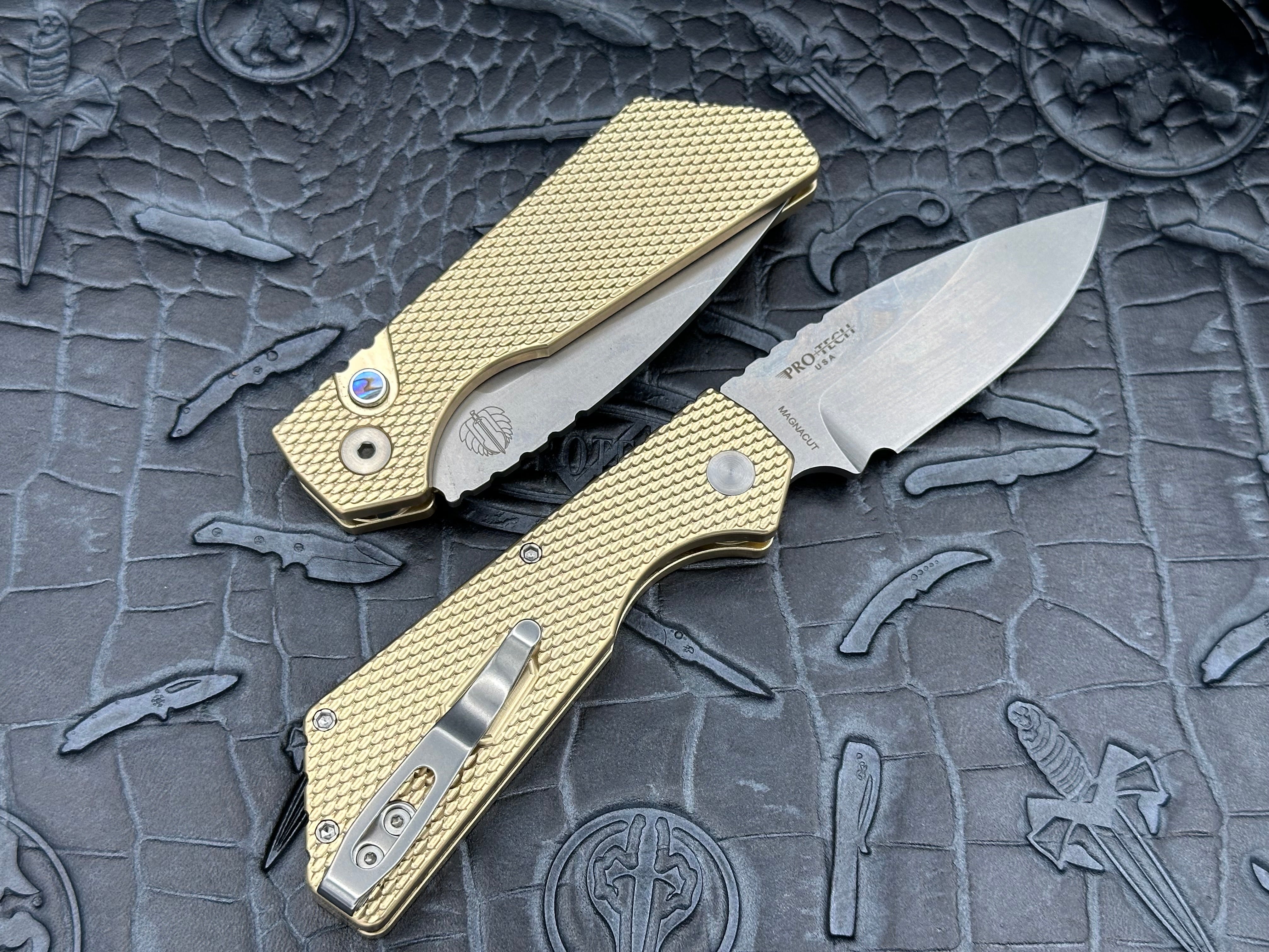 Pro-Tech Strider PT Plus Auto Textured Bronze Handle, Abalone Button, Stonewash Magnacut PT234 - Tristar Edge