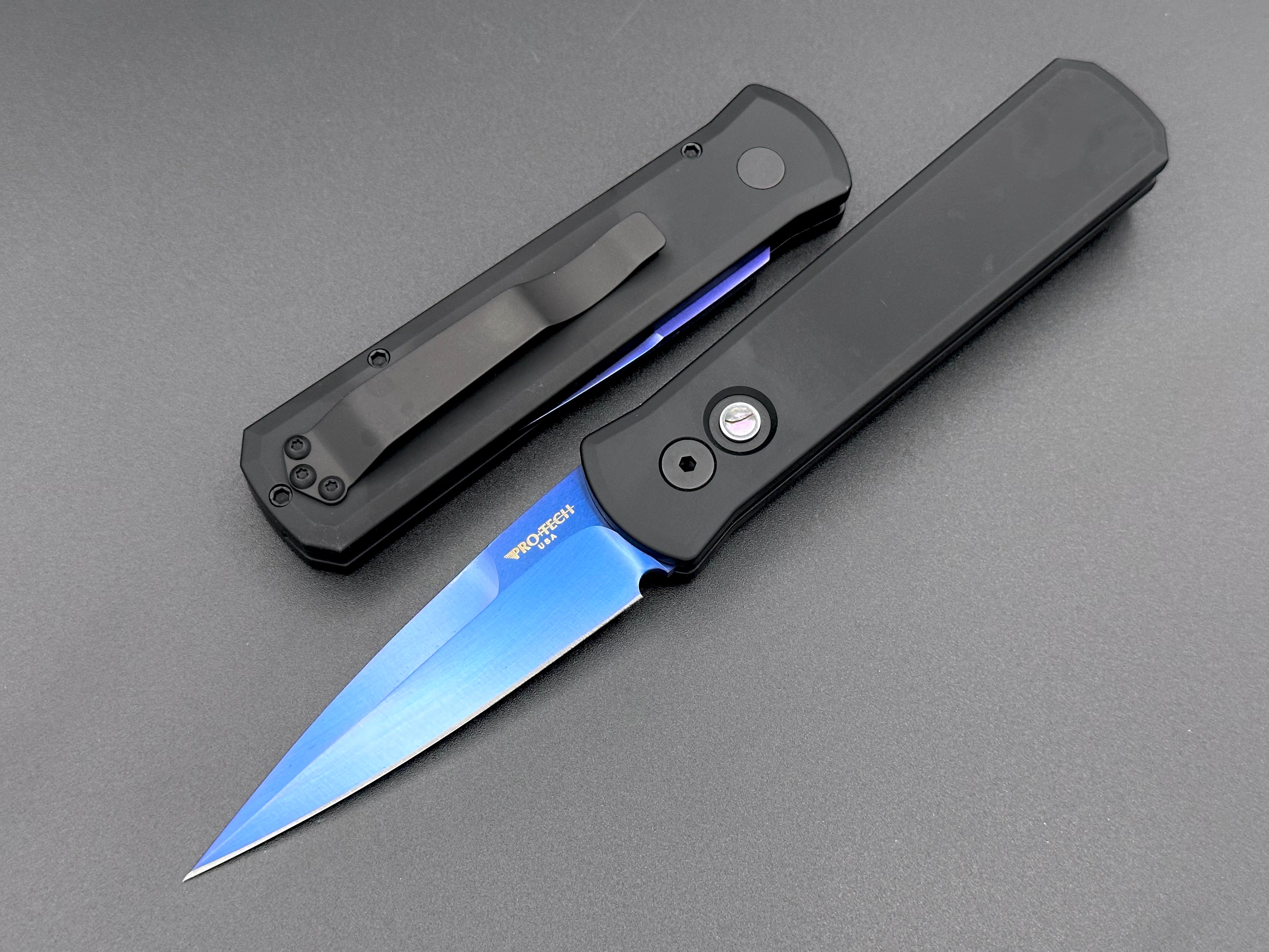 Pro-Tech 721-SB Godson Sapphire blue blade solid black handles abalone button. - Tristar Edge