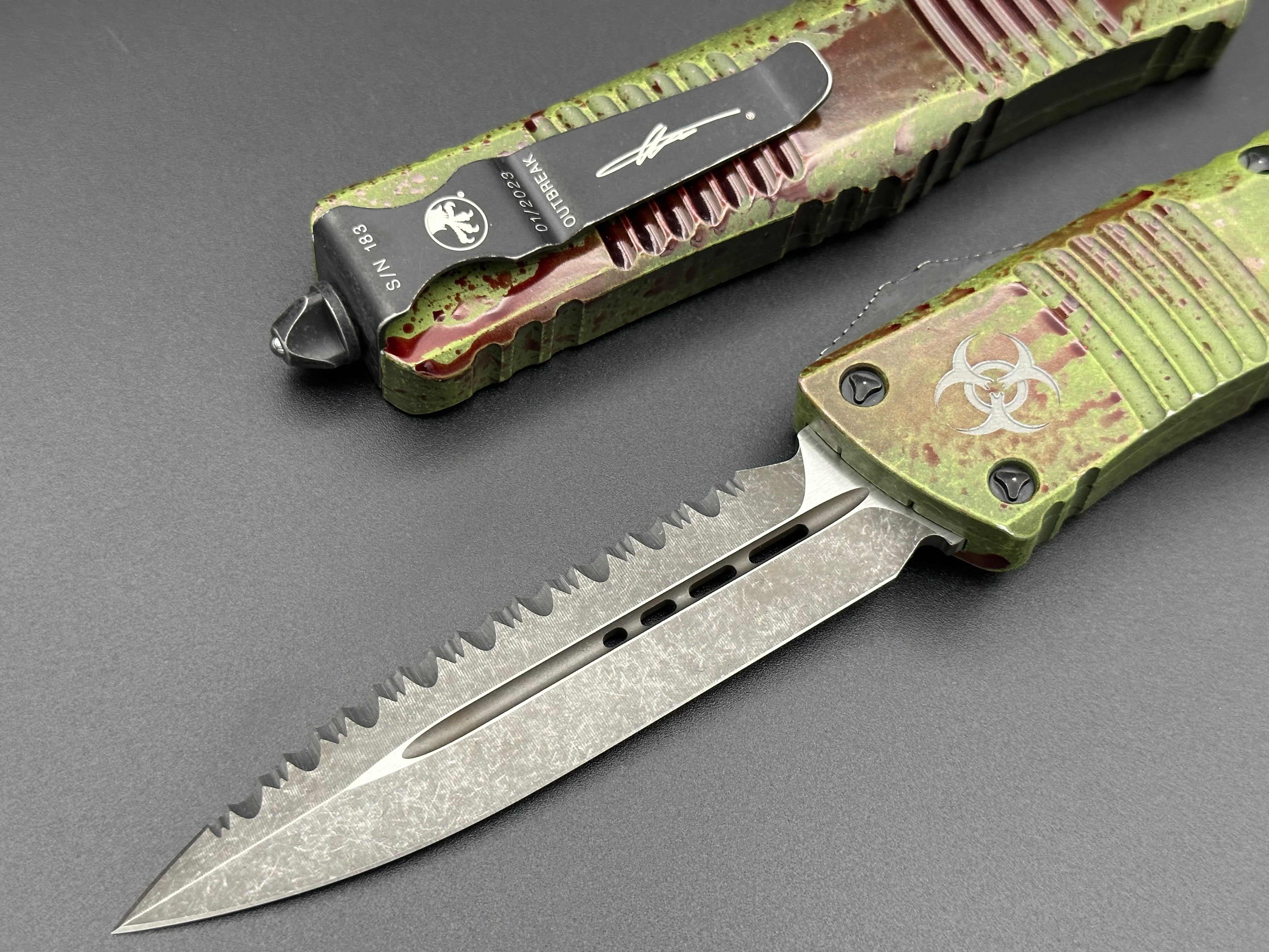 Combat Troodon D/E Outbreak Signature Series Deep Engraved Full Serrated 142-3 OBDS - Tristar Edge