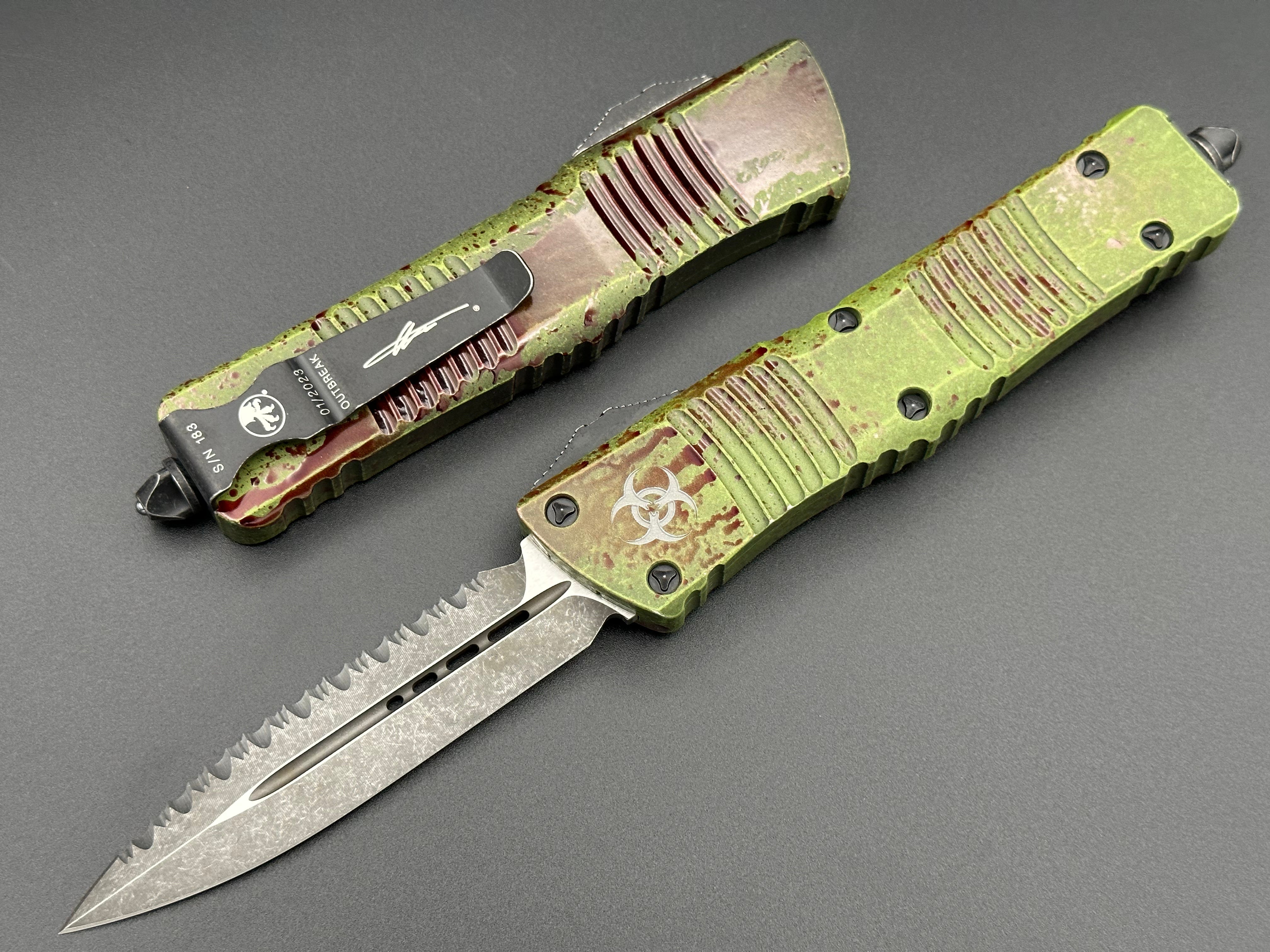Combat Troodon D/E Outbreak Signature Series Deep Engraved Full Serrated 142-3 OBDS - Tristar Edge