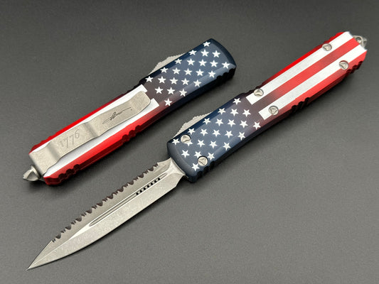 Microtech Knives Ultratech D/E Blade Show 2023 USA Flag Apocalyptic Full Serrated 122-12 APFLAGS - Tristar Edge
