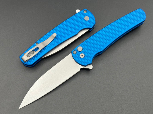Pro-Tech 5305 Blue Malibu Manual Flipper CPM-MagnaCut Stonewashed Wharncliffe Blade - Tristar Edge