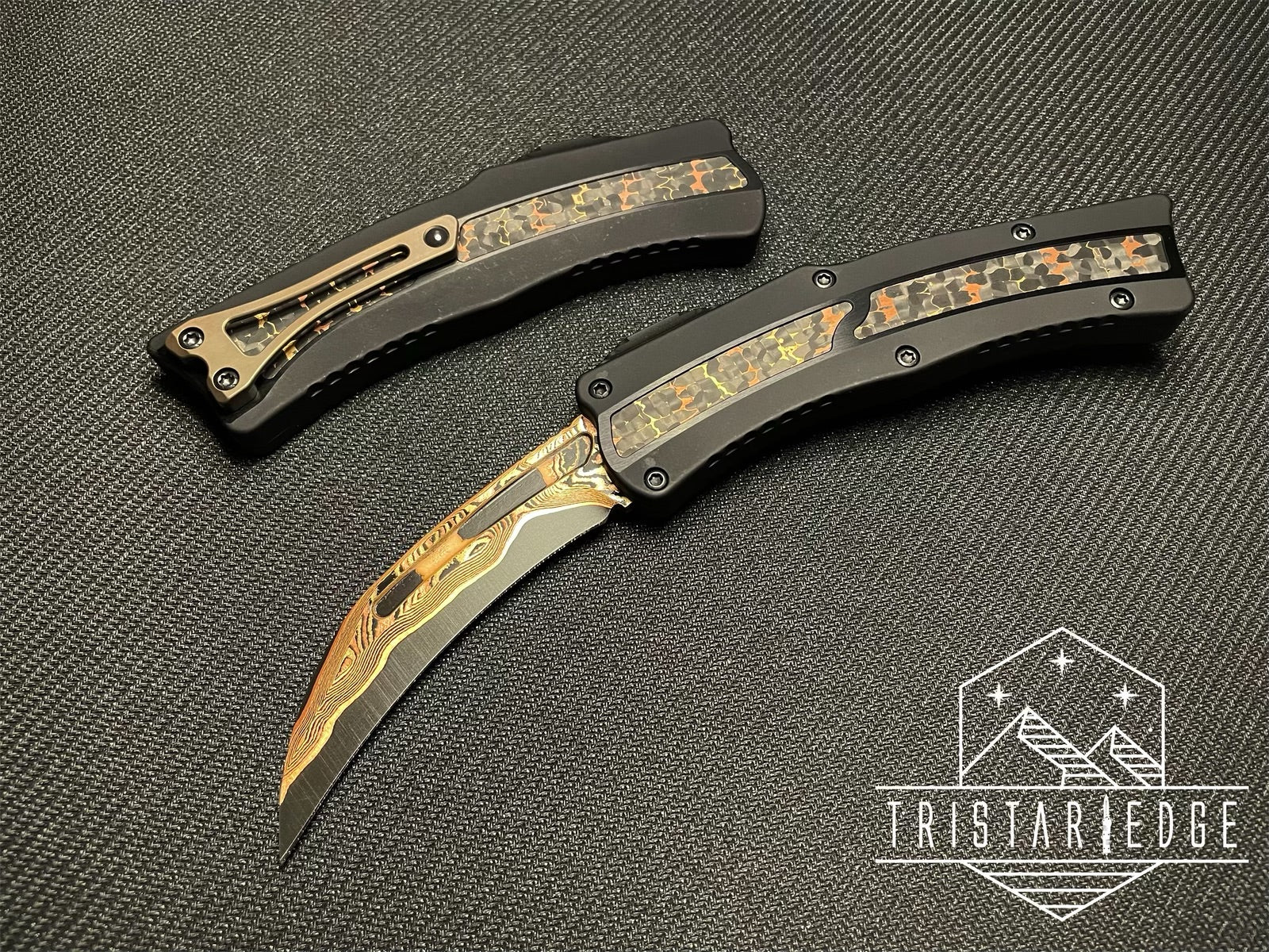 ROC Fat Carbon Brass & Copper Snakeskin Inlay Hand Ground Baker Forge Tiger GoMai FC Brass & Copper Snakeskin Boutton Bronze Hardware - Tristar Edge